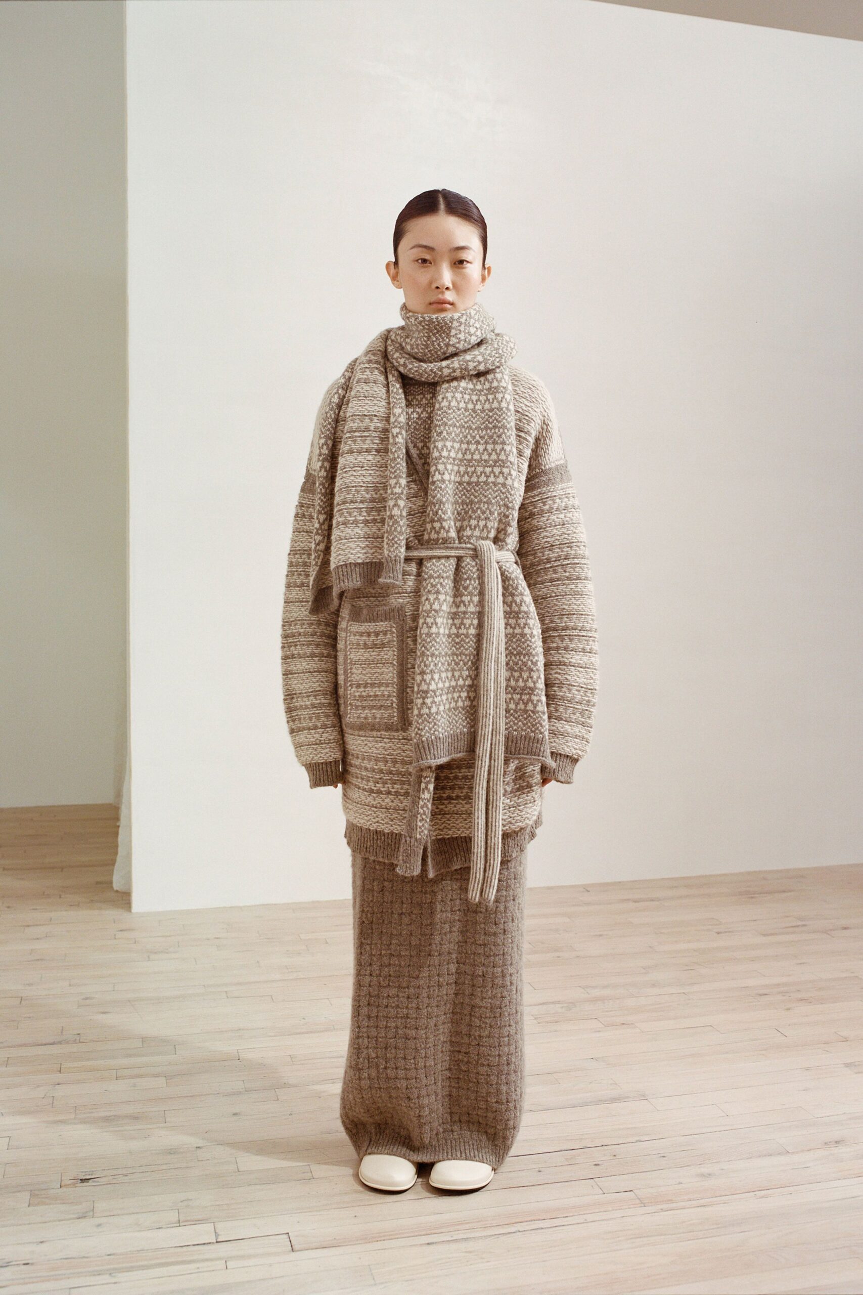 beige oversized sweater with knitted scarf
