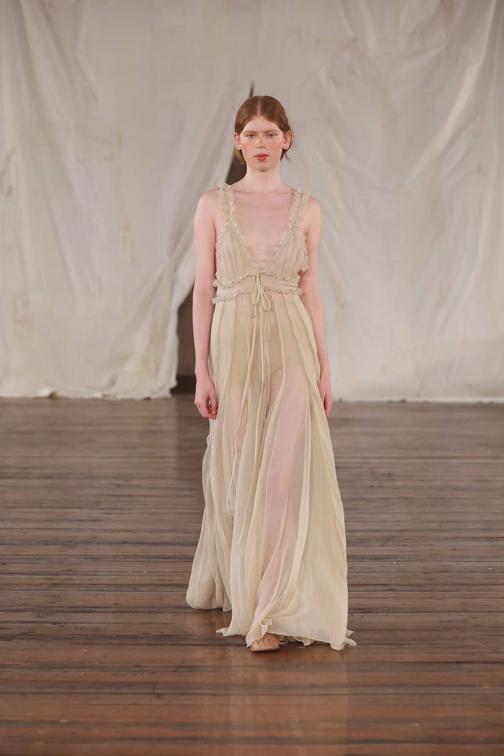 beige silk sleeveless gown