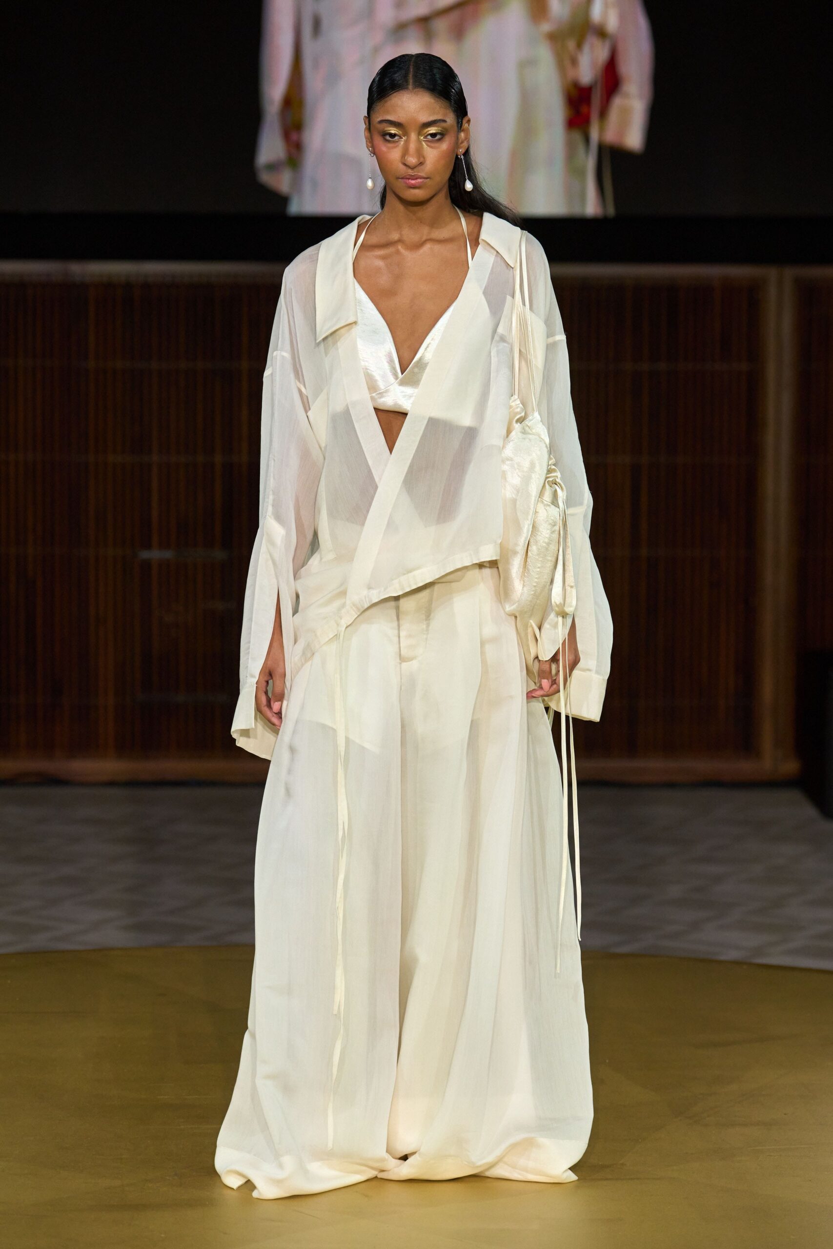 white silk long-sleeve v-neck relaxed layered flowing dress