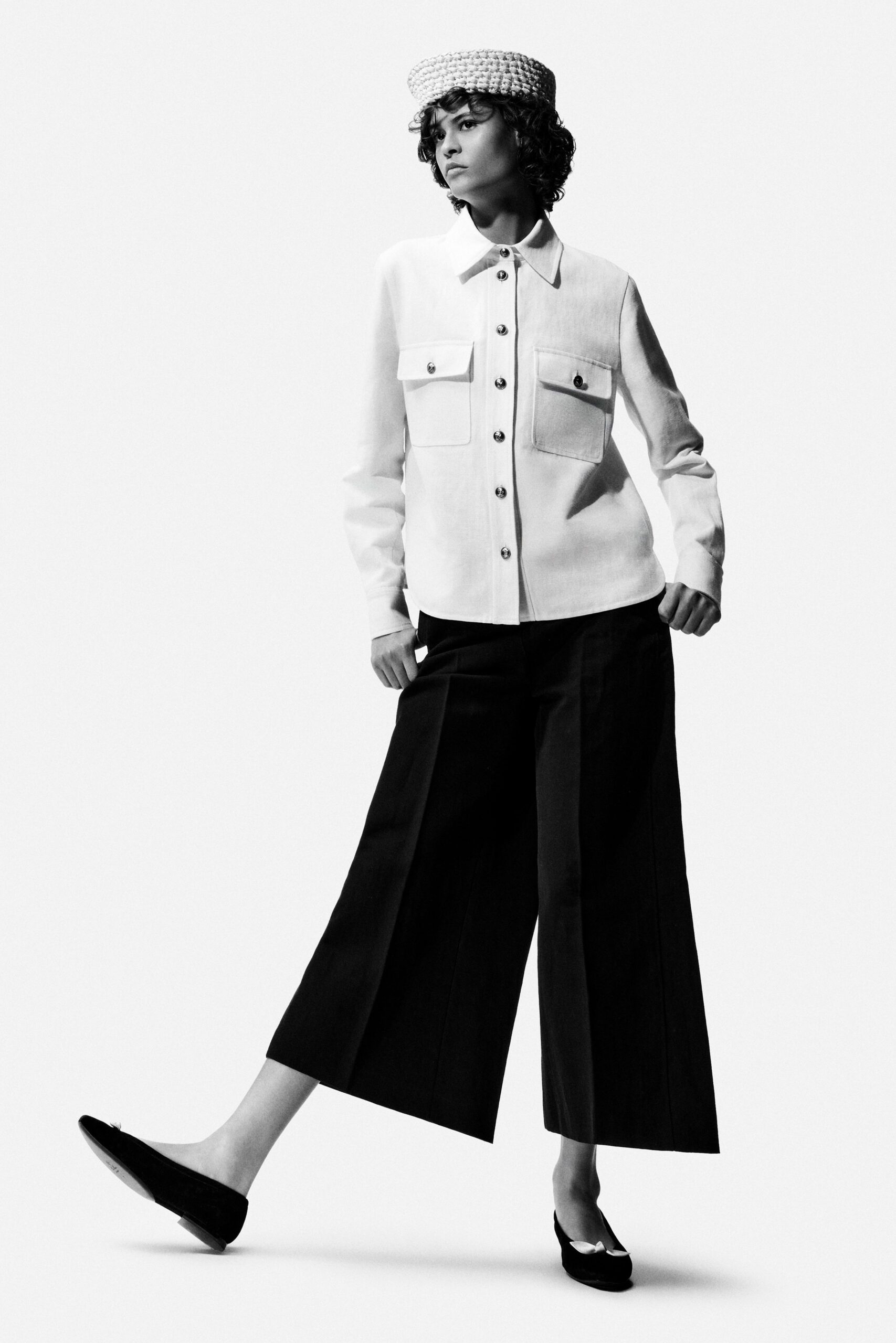 white shirt black wide-leg pants