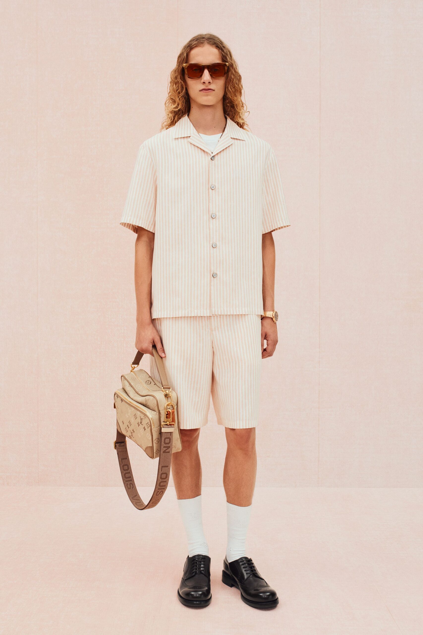 beige cotton short-sleeve collared relaxed striped shirt