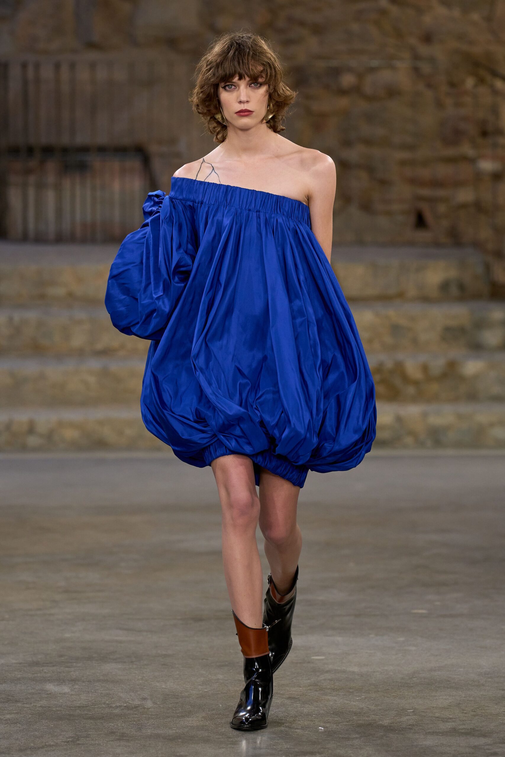 blue silk sleeveless off-shoulder relaxed pleated draped dress