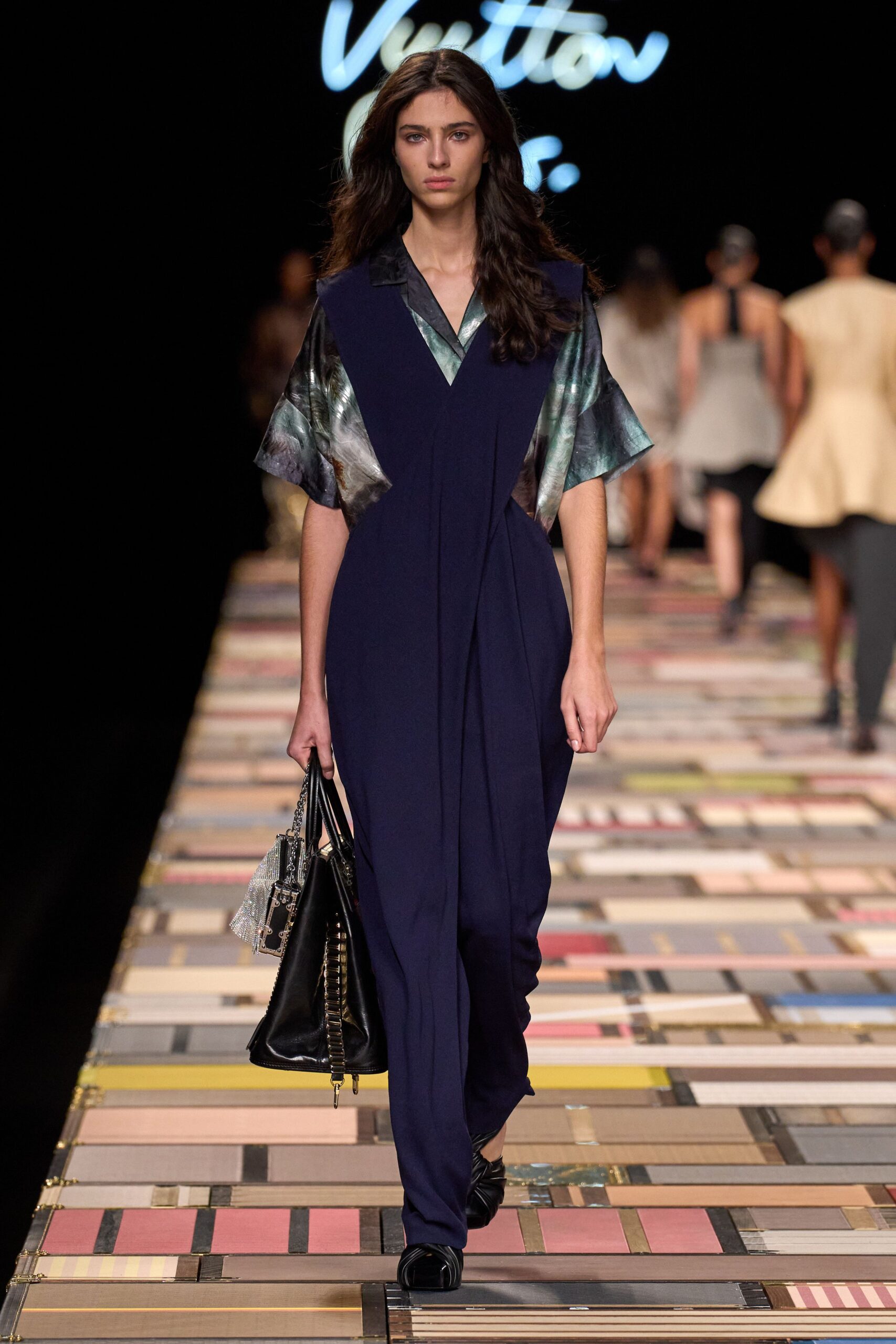 blue cotton short-sleeve v-neck fitted layered jumpsuit
