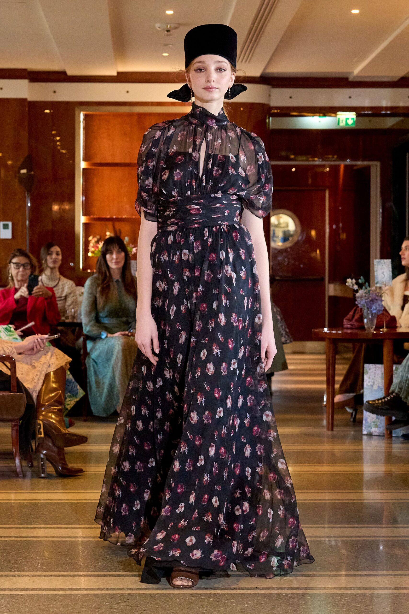 black silk short-sleeve v-neck fitted floral tiered gown