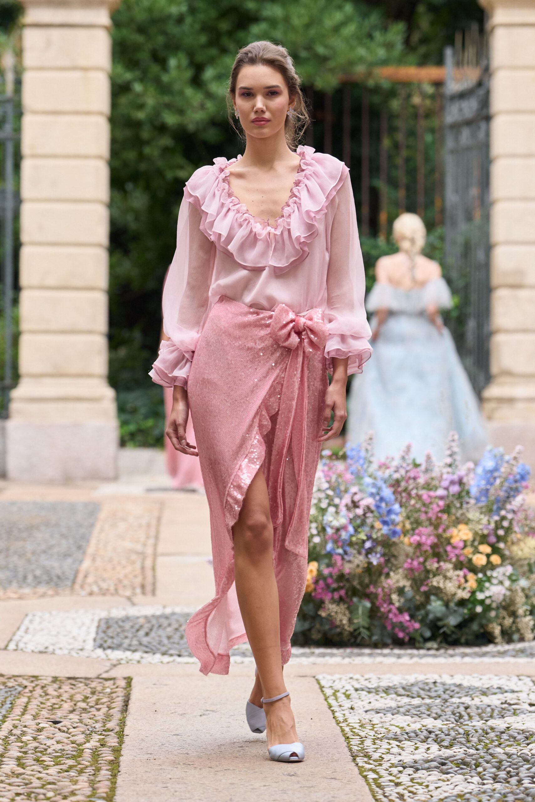 pink silk slit fitted high-waisted sequined tiered skirt