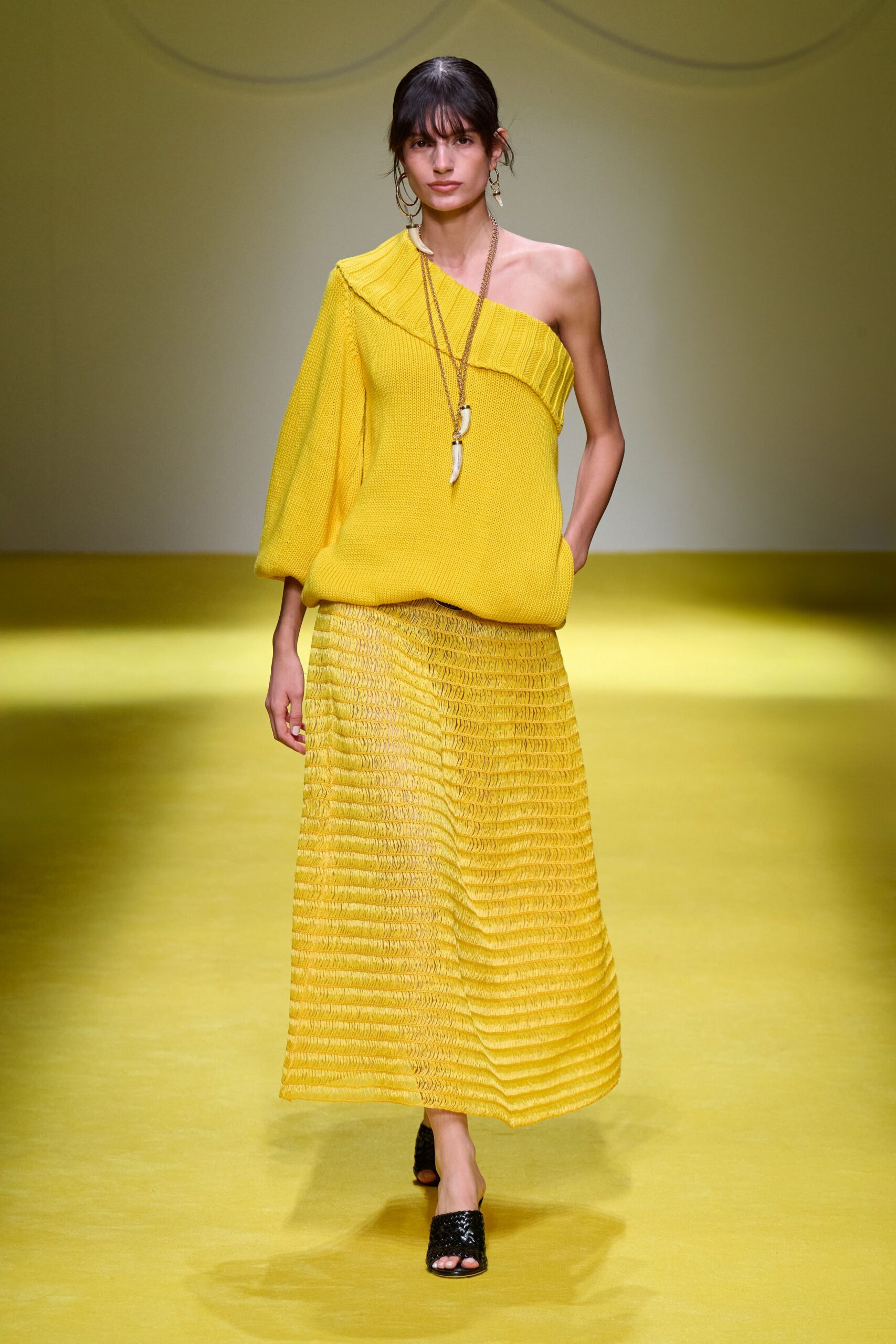 yellow knit top and skirt