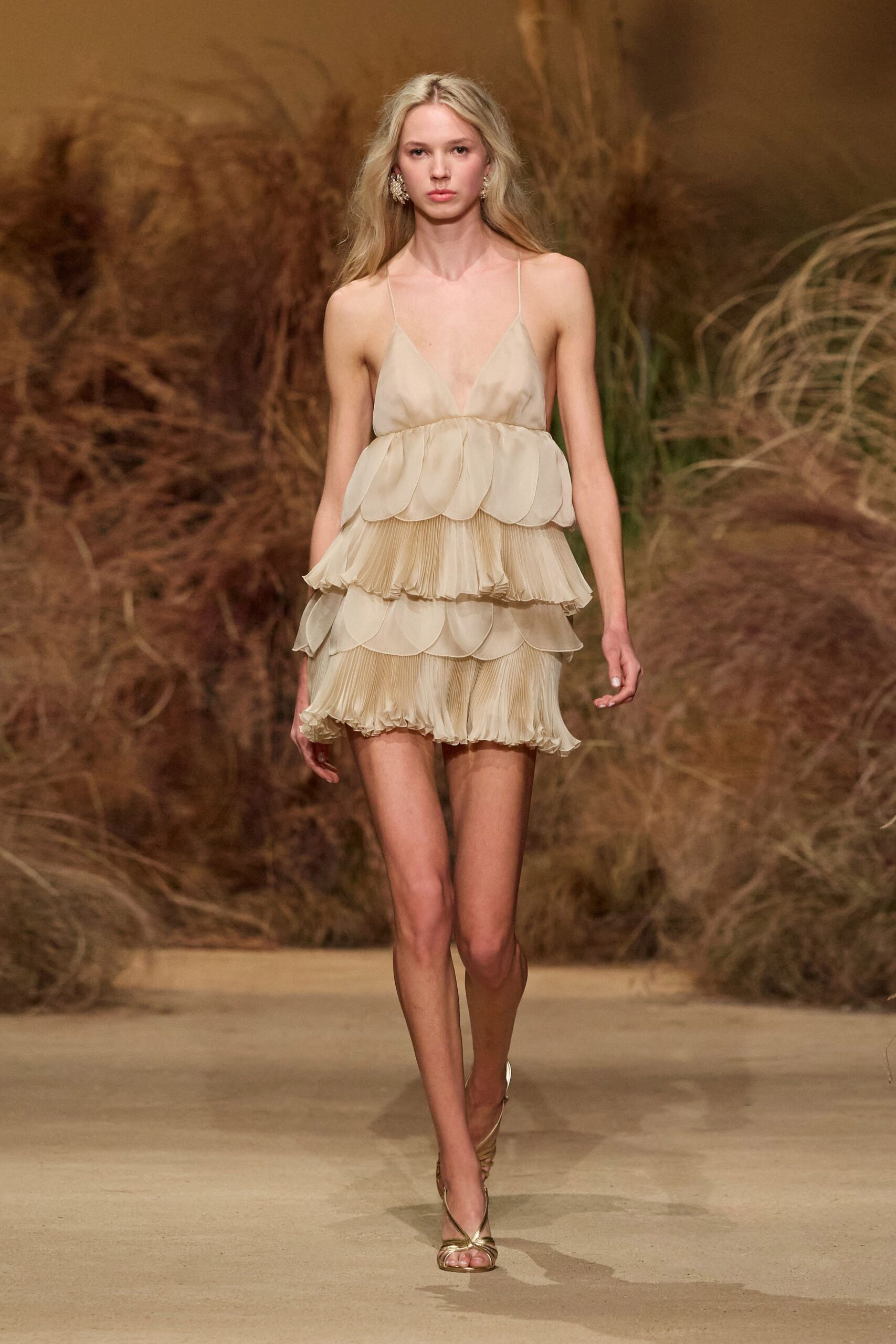 beige silk sleeveless v-neck fitted pleated tiered dress