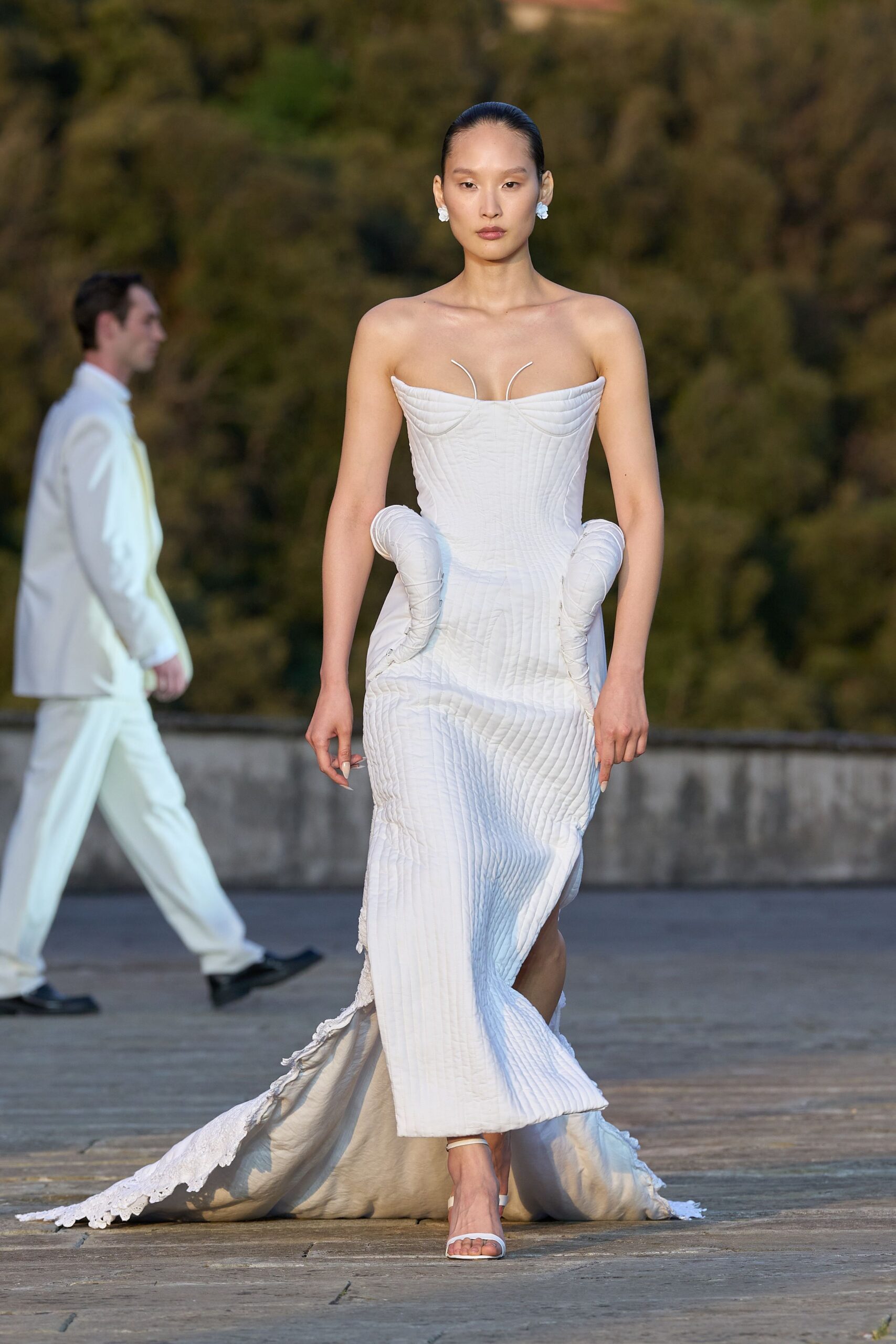white silk strapless v-neck fitted pleated draped gown