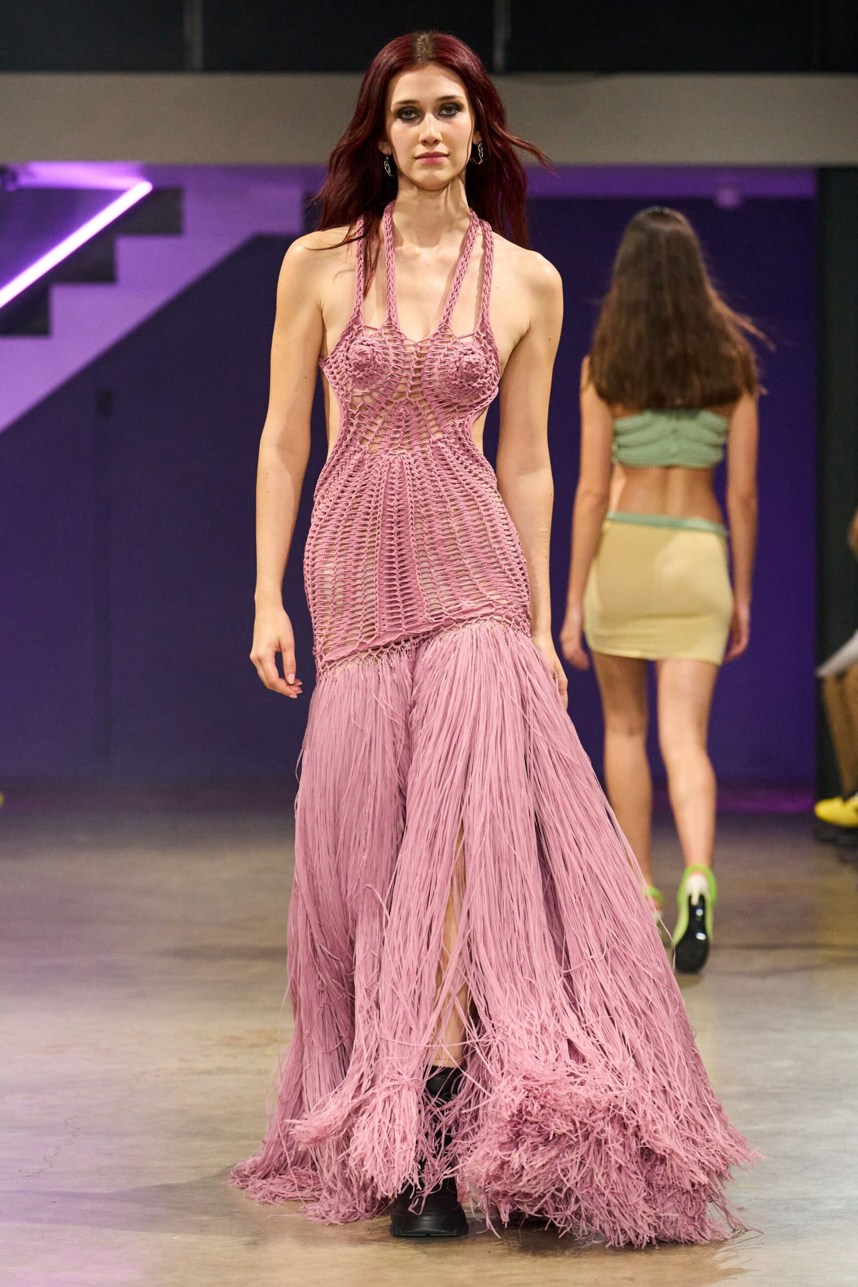 pink cotton sleeveless v-neck fitted fringed layered dress