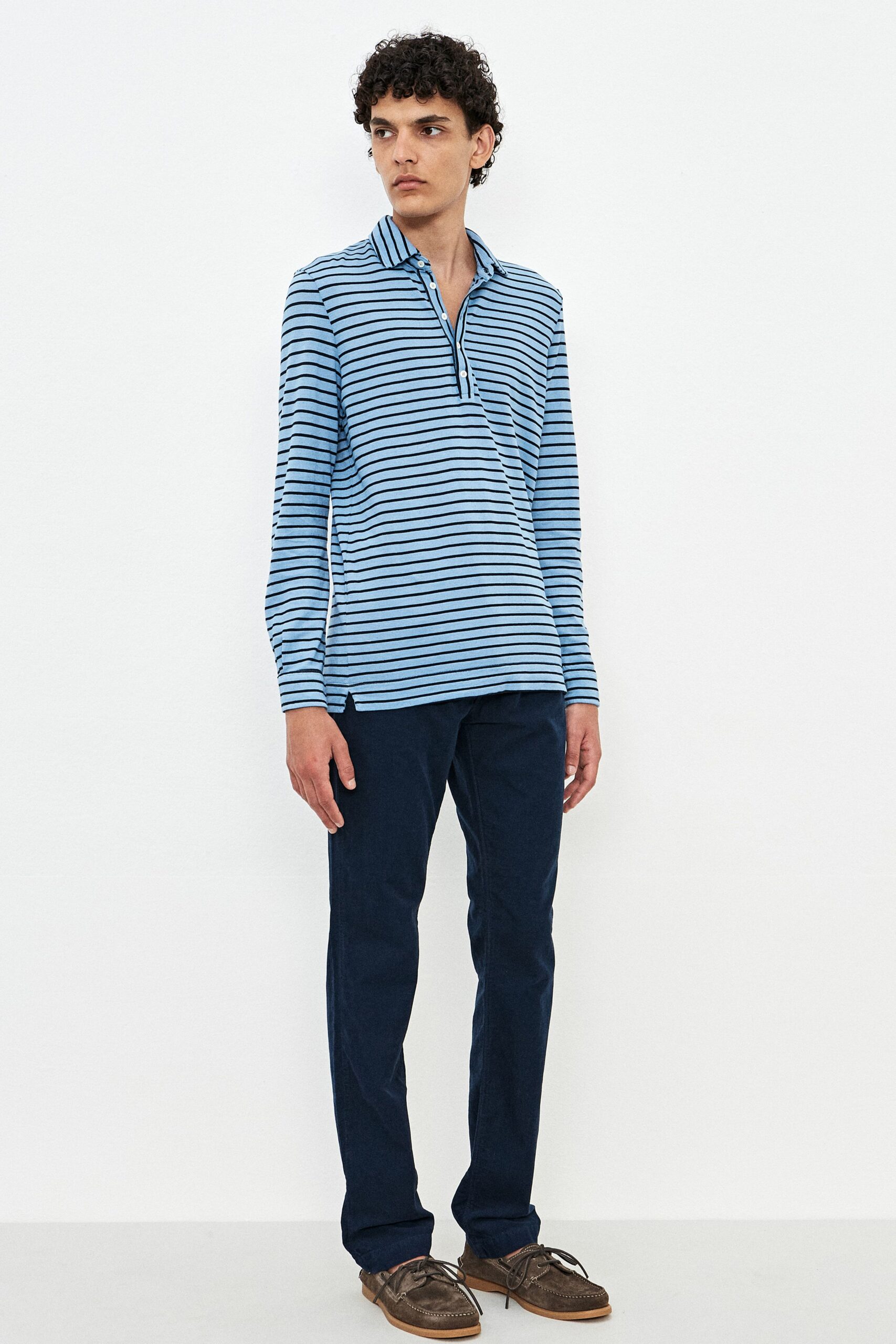 blue striped shirt with navy pants