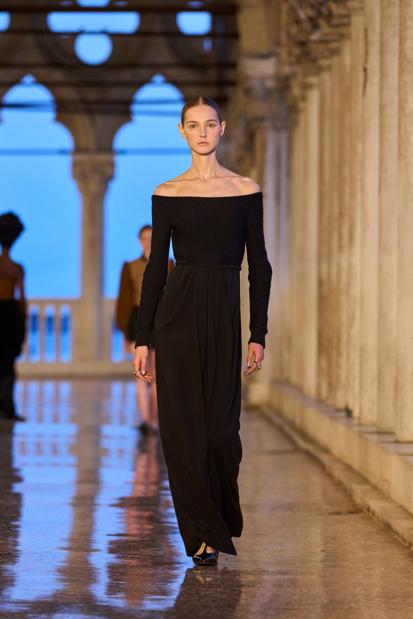 black off-shoulder gown with shoes