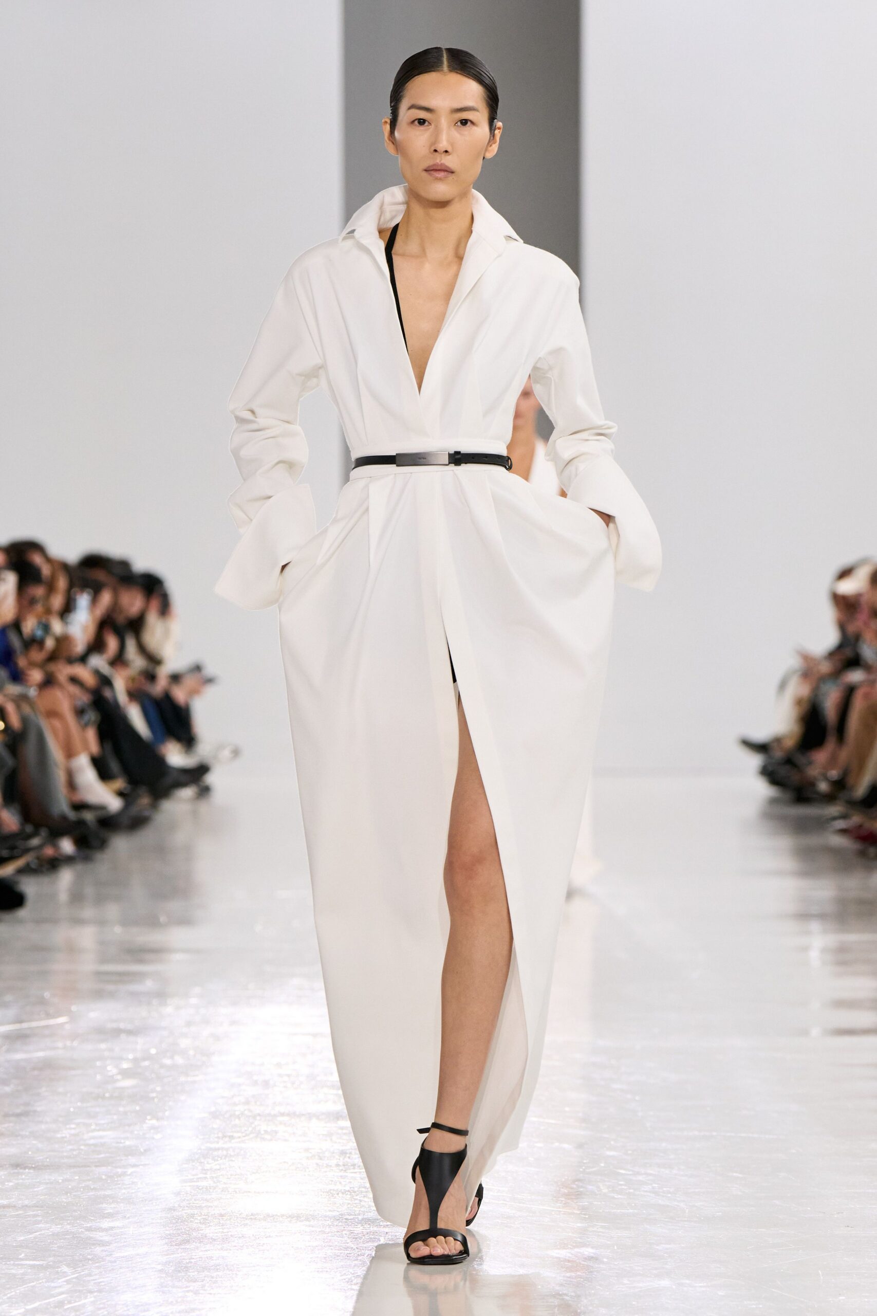 white cotton long-sleeve v-neck fitted belted maxi dress