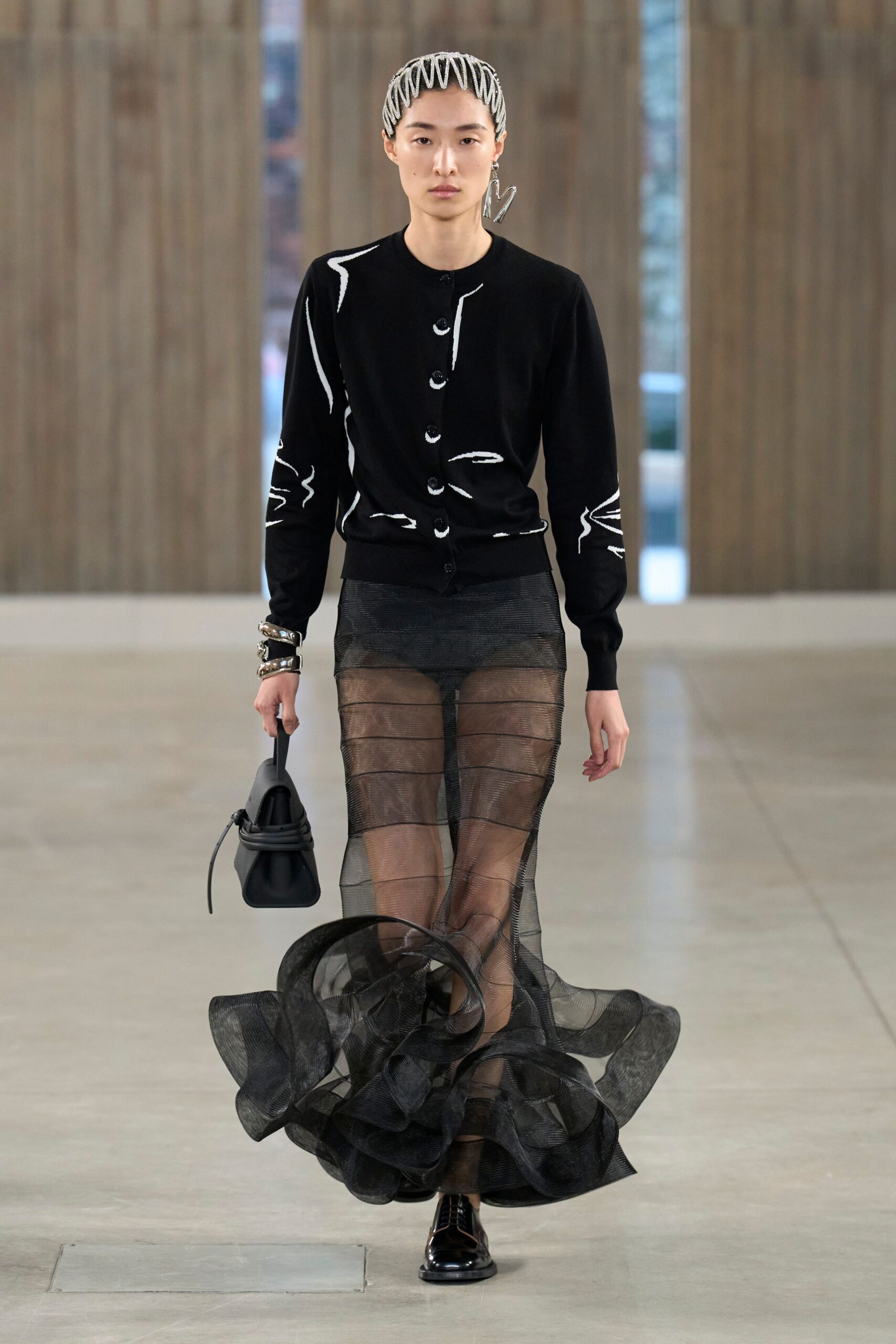 black fitted high-waisted layered flared sheer flowing skirt