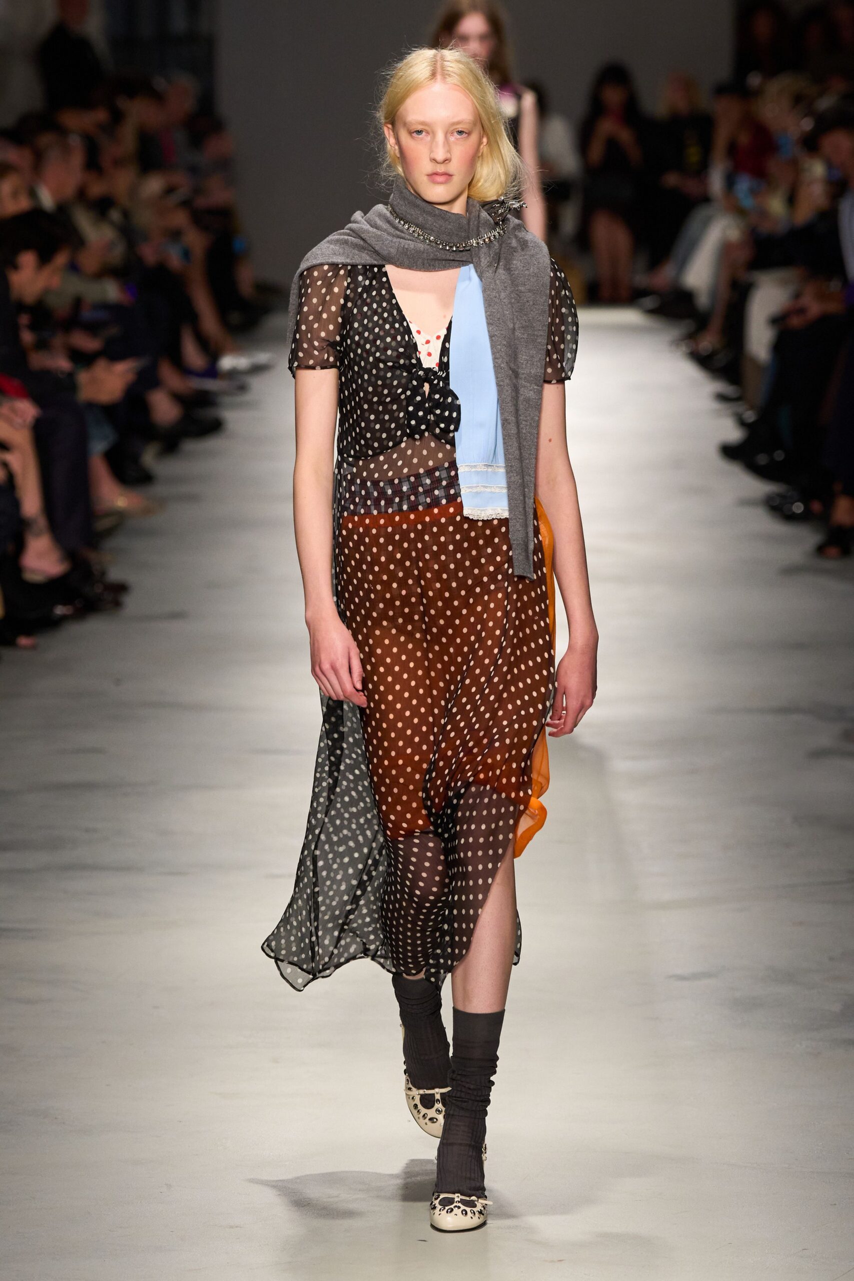black polka-dot midi dress with gray scarf