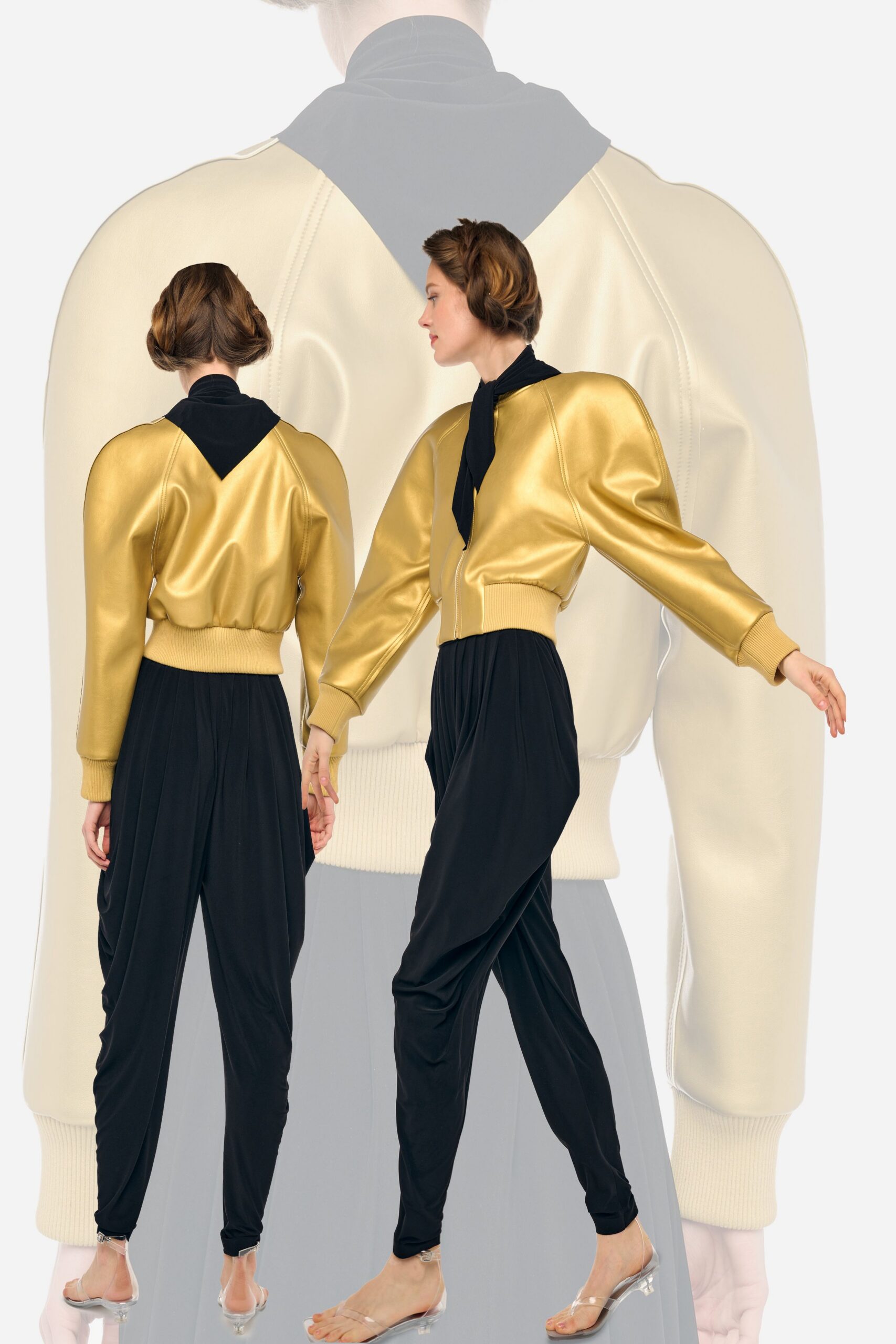 gold vinyl long-sleeve collared structured padded jacket