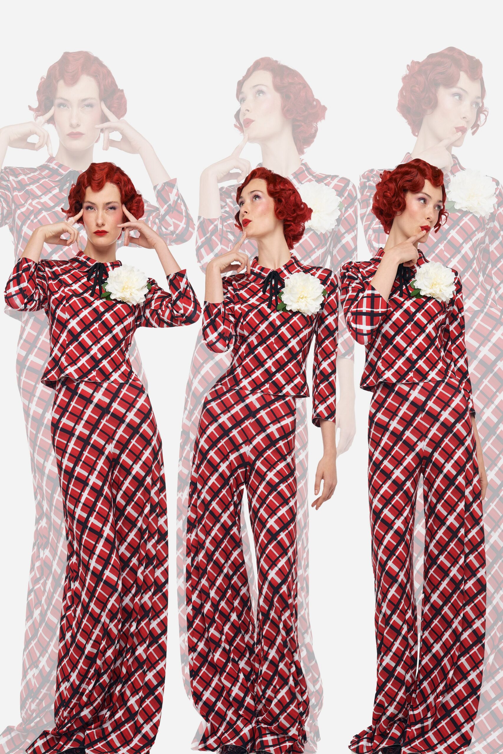 red cotton fitted checked wide-leg pants
