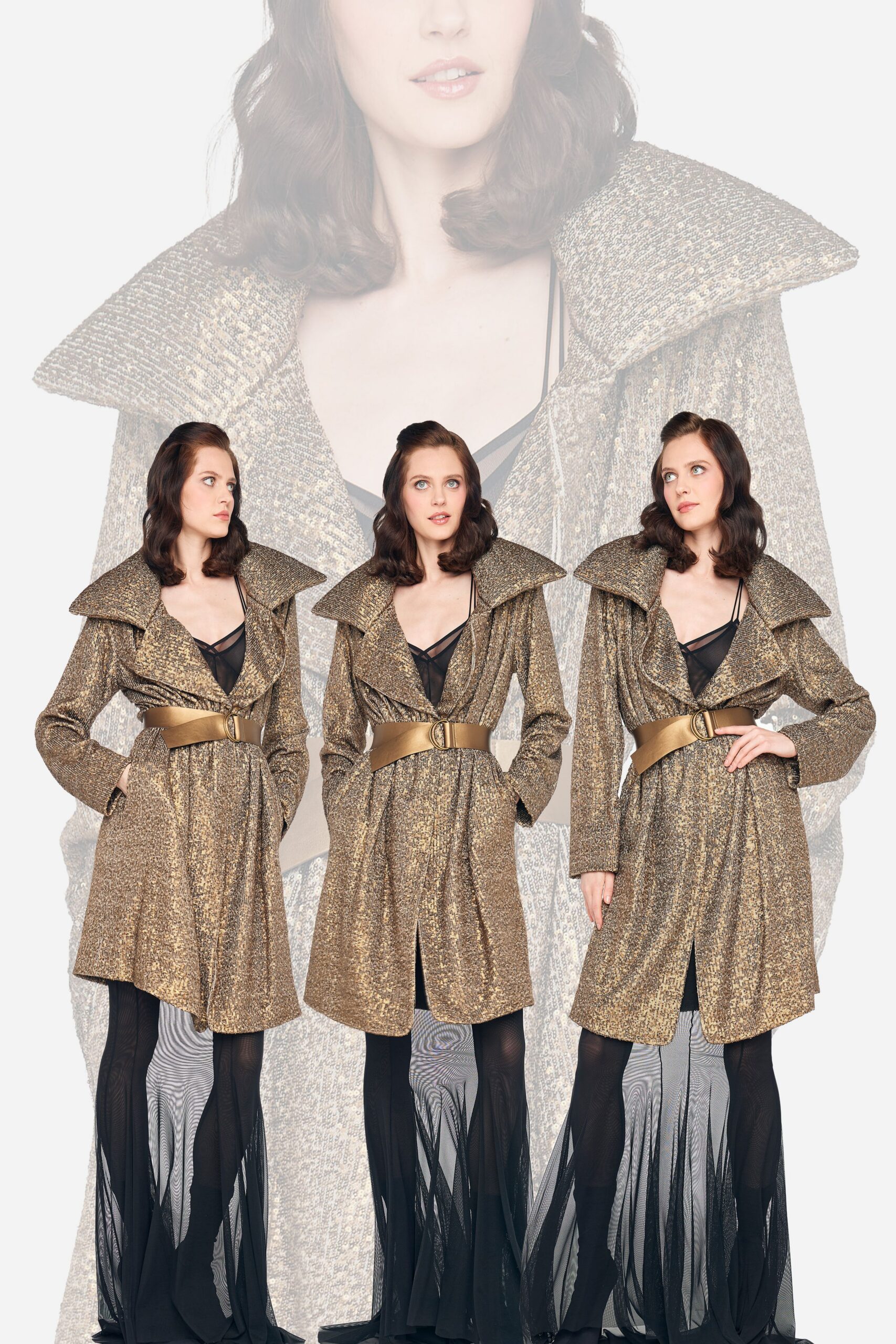 gold metallic long-sleeve collared fitted belted draped coat