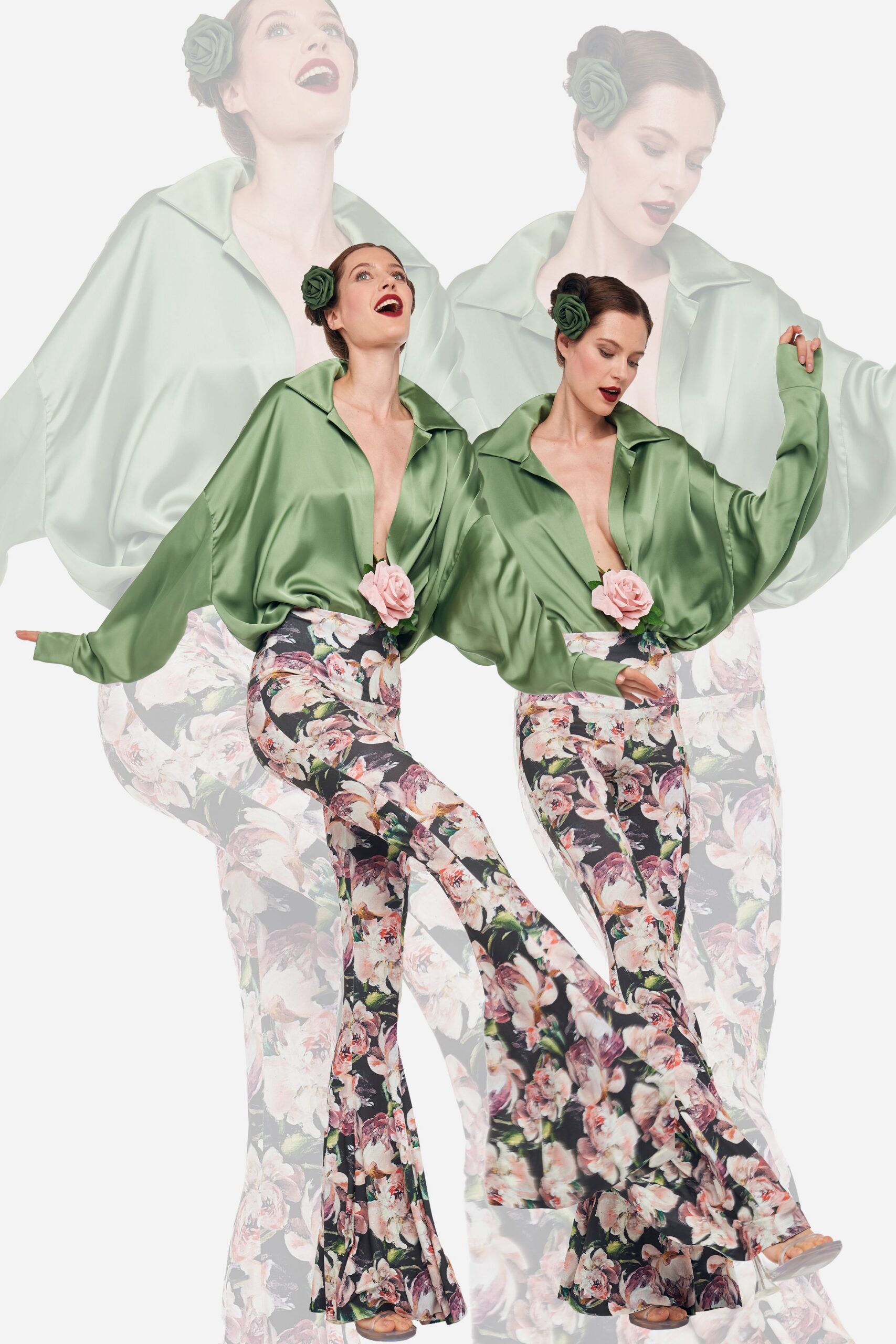 green silk long-sleeve v-neck relaxed draped shirt