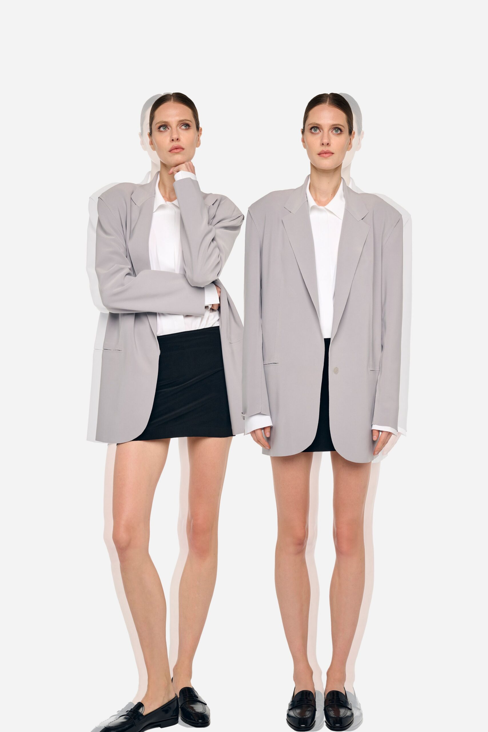 gray oversized blazer with black mini skirt