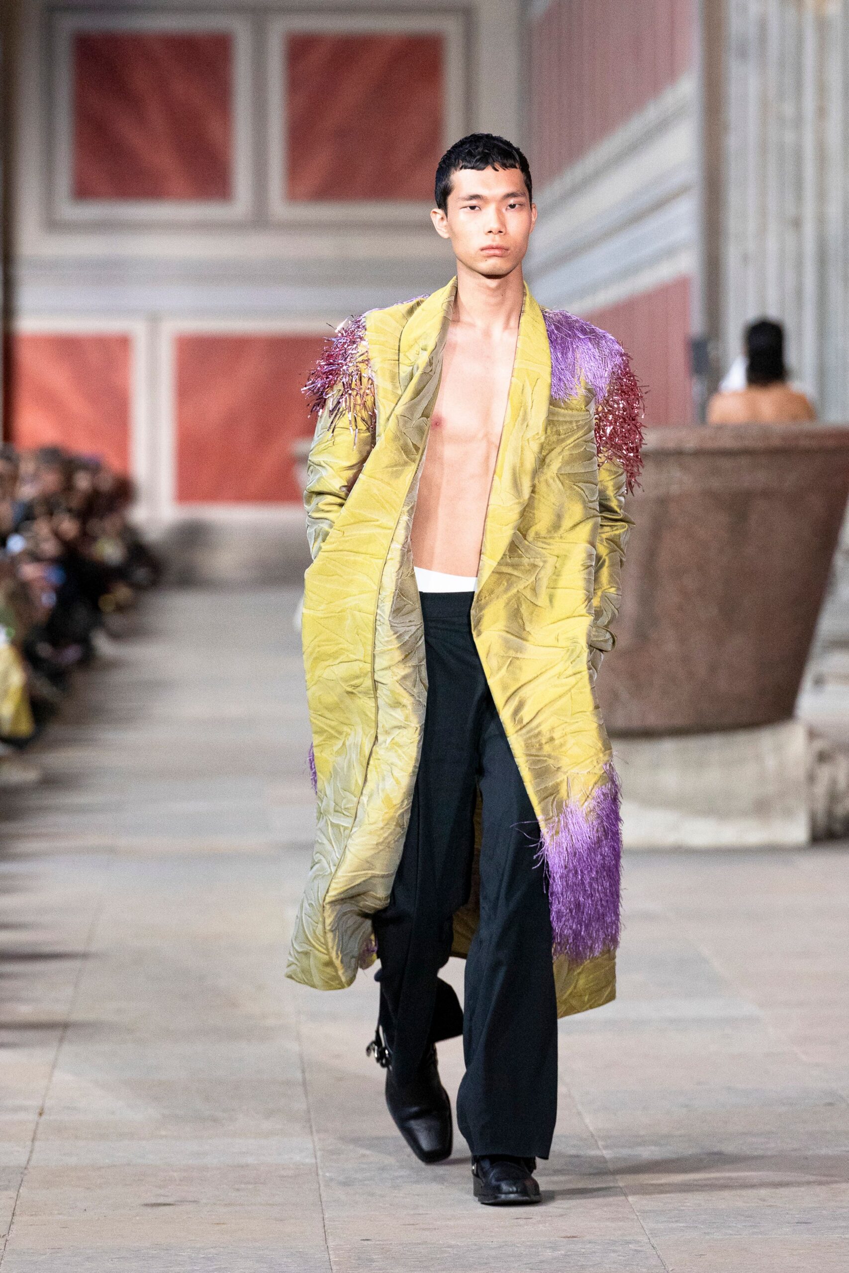 yellow silk long-sleeve collared relaxed fringed draped coat
