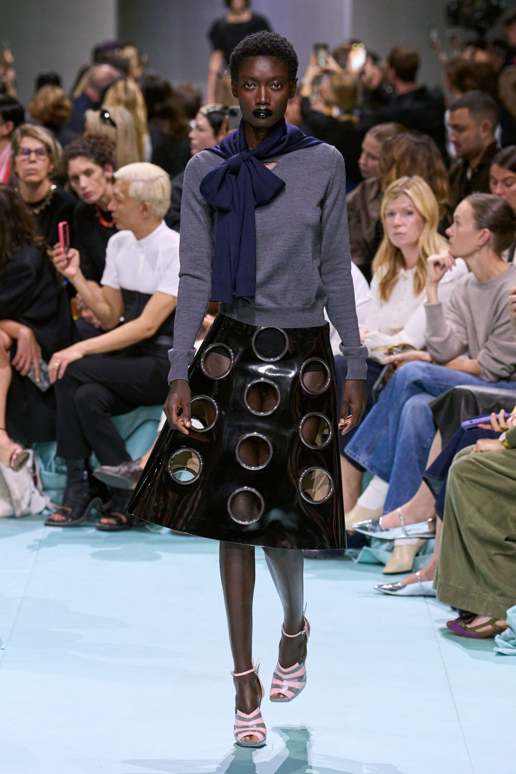 black vinyl cutout fitted a-line skirt