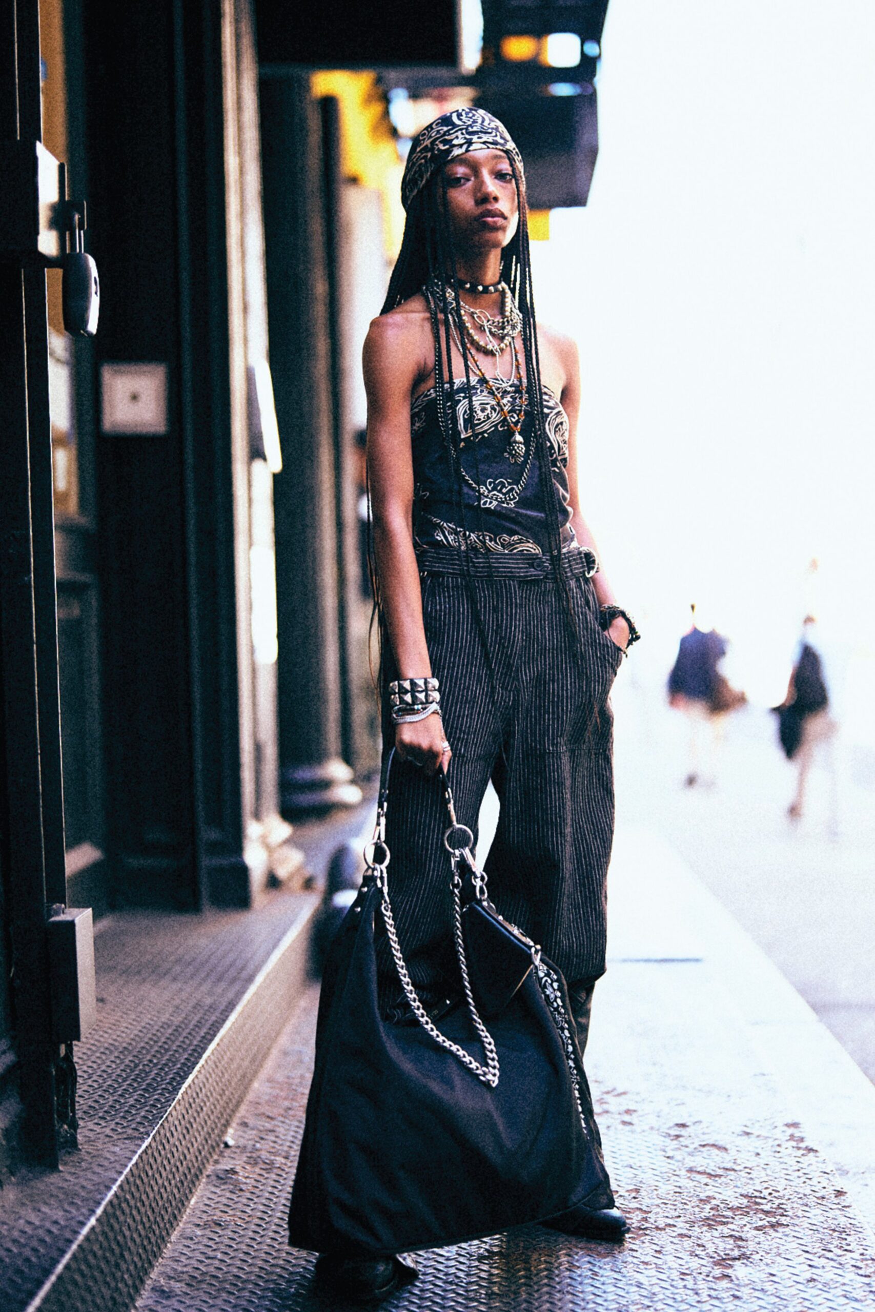 black printed sleeveless top and relaxed pants
