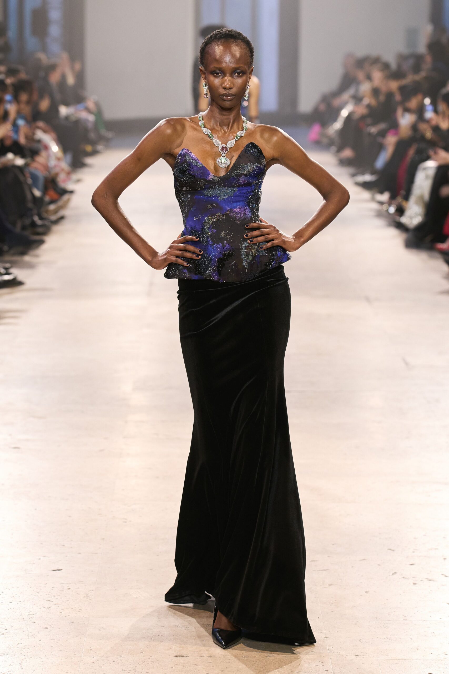 black and blue embellished gown