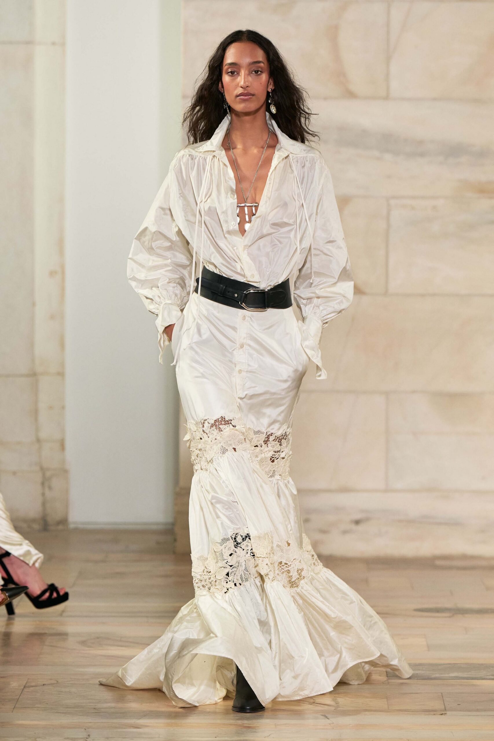 white silk long-sleeve v-neck fitted ruffled layered dress