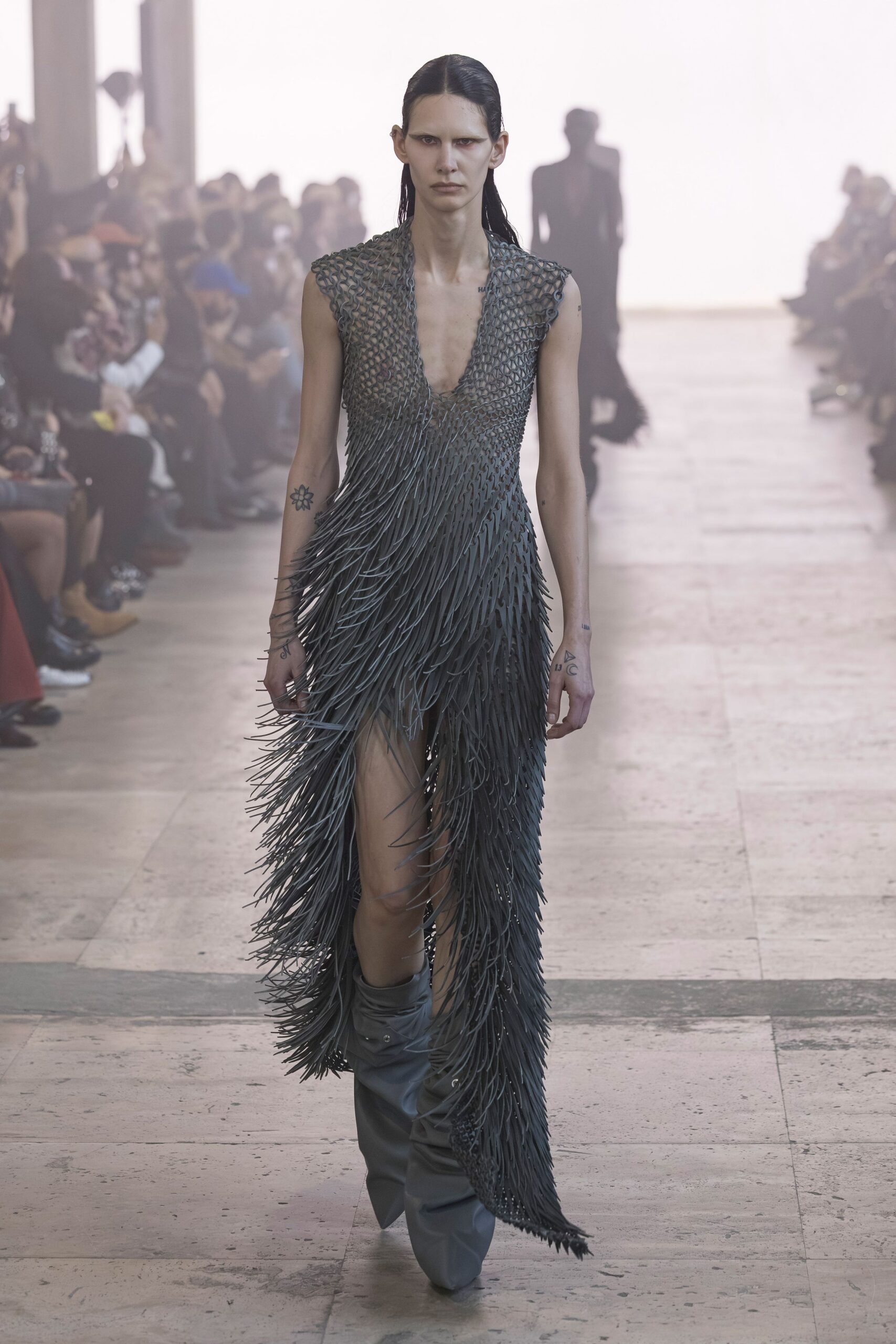 gray fringed gown with relaxed pants