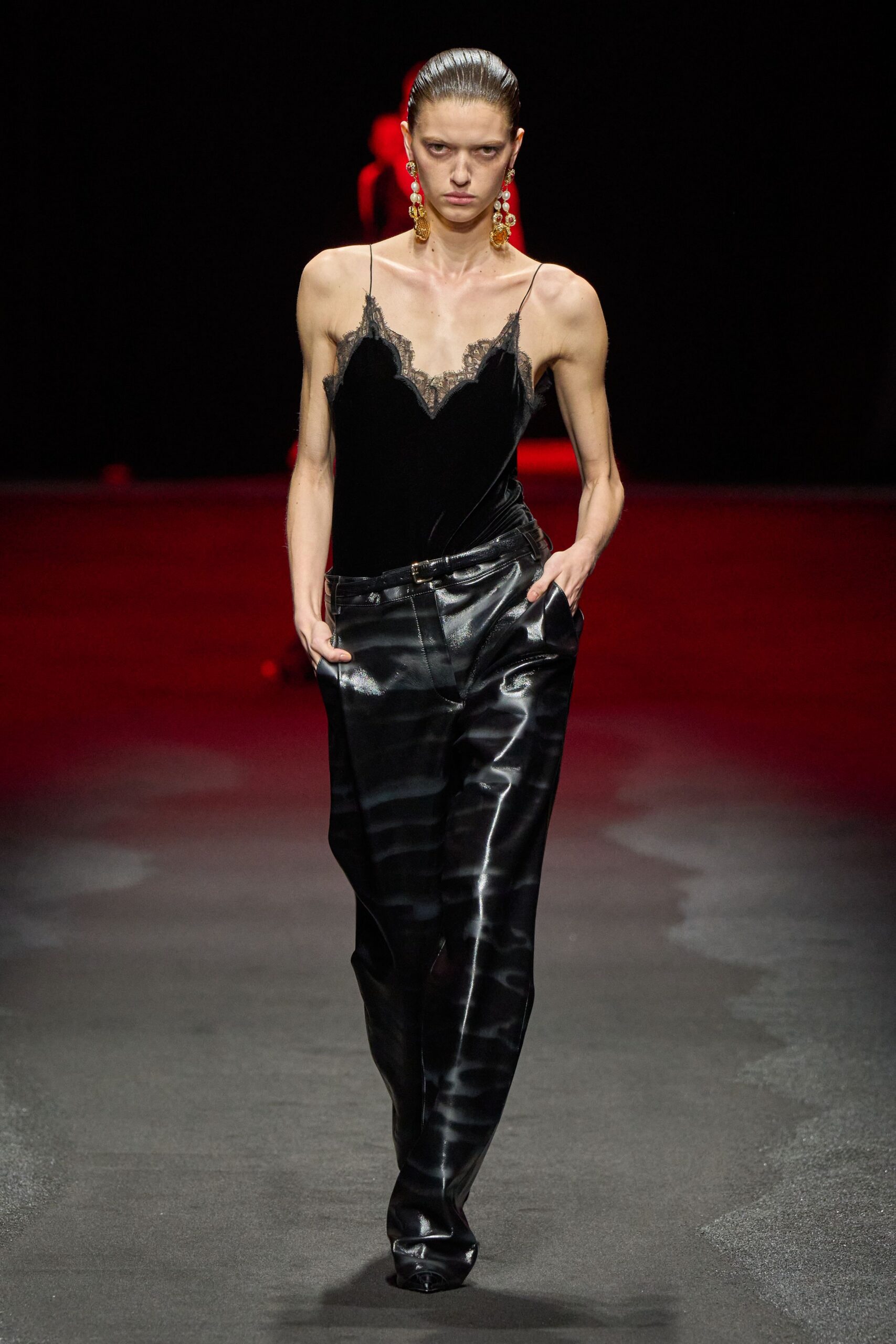 black silk top and leather pants