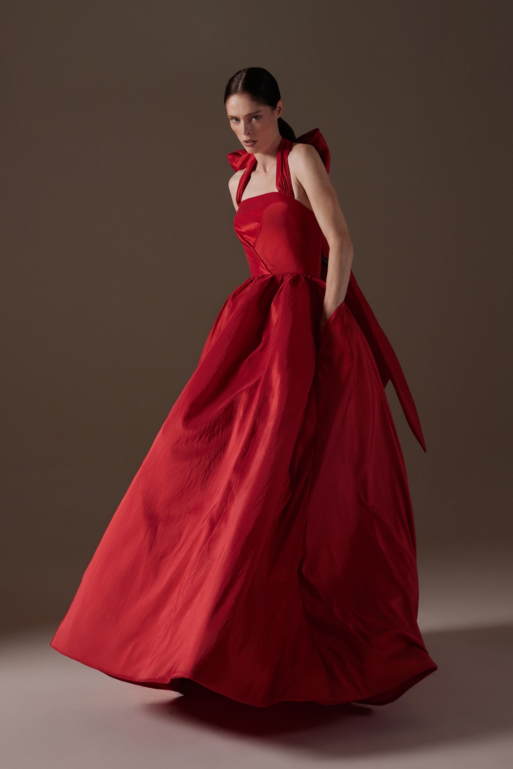 red silk sleeveless gown