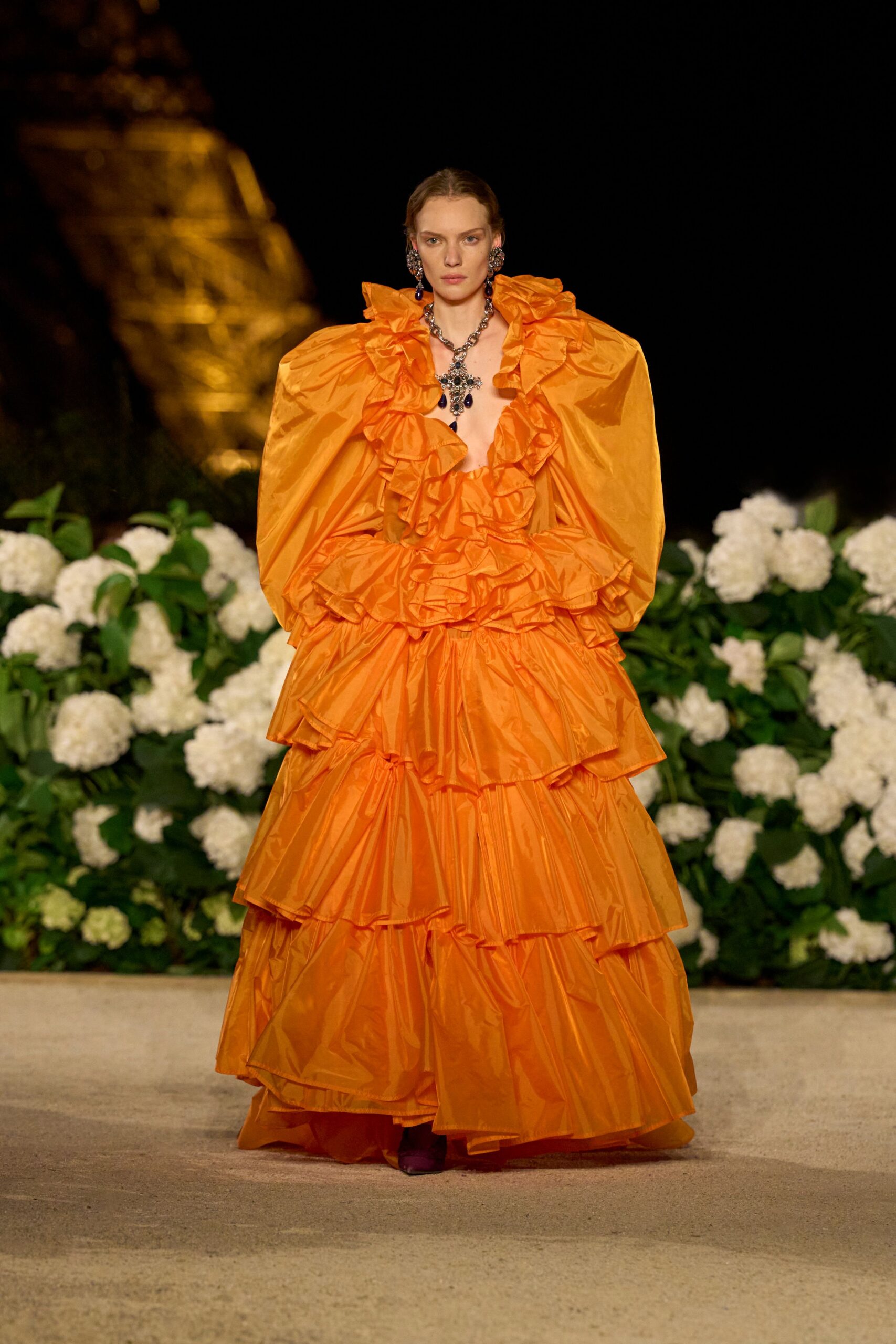 orange silk ruffled gown
