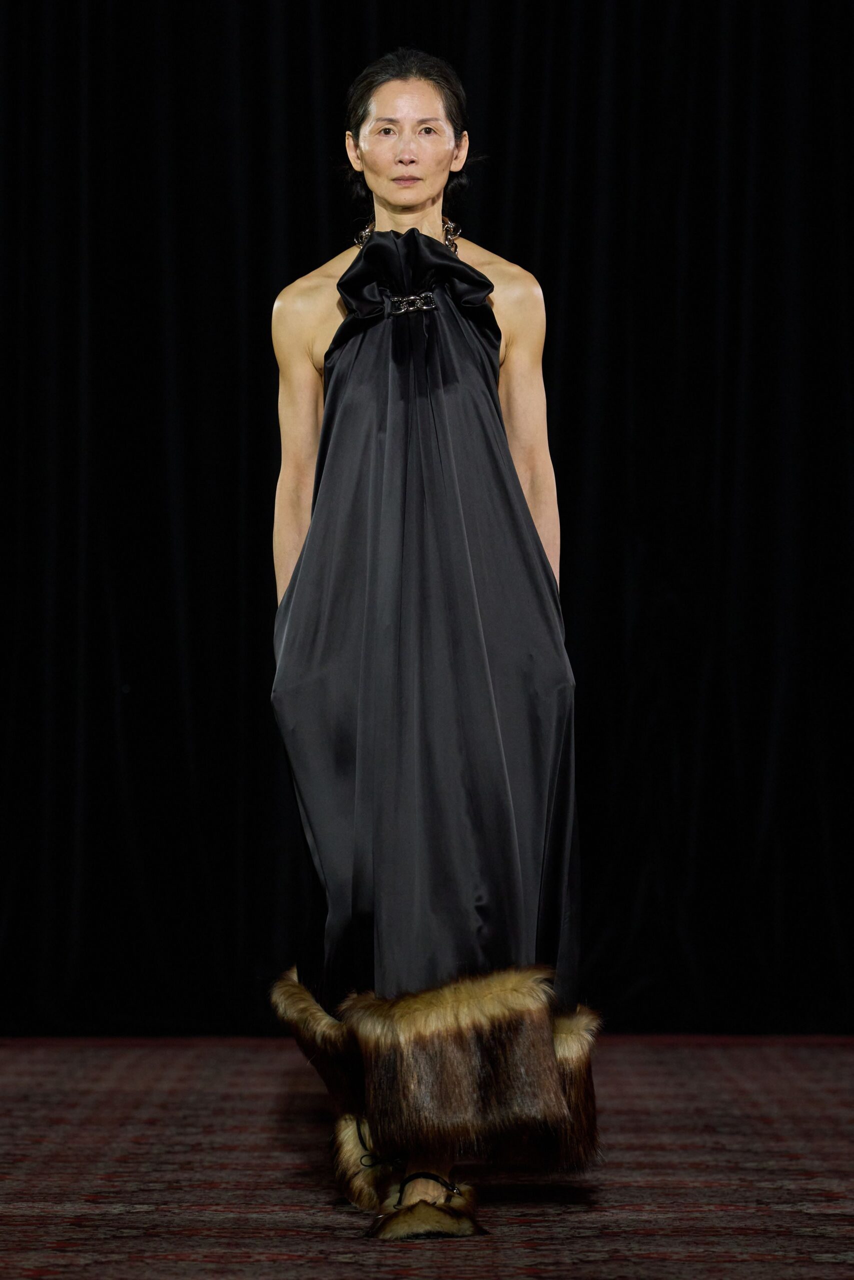 black silk sleeveless high-neck relaxed draped maxi dress