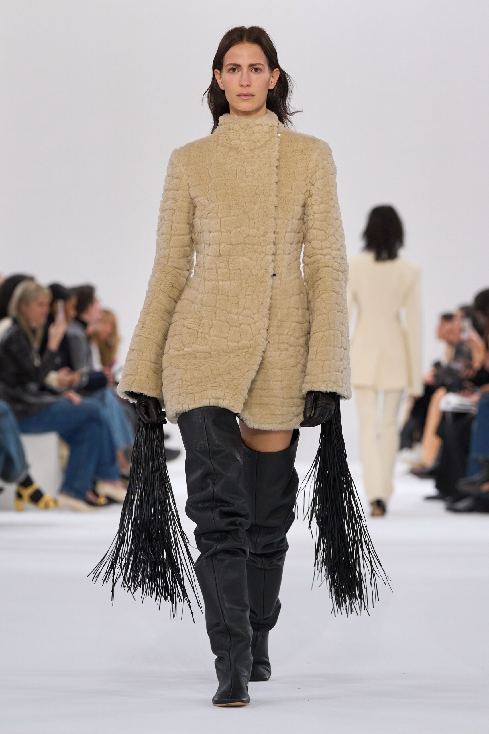 beige fur long-sleeve collared fitted textured coat
