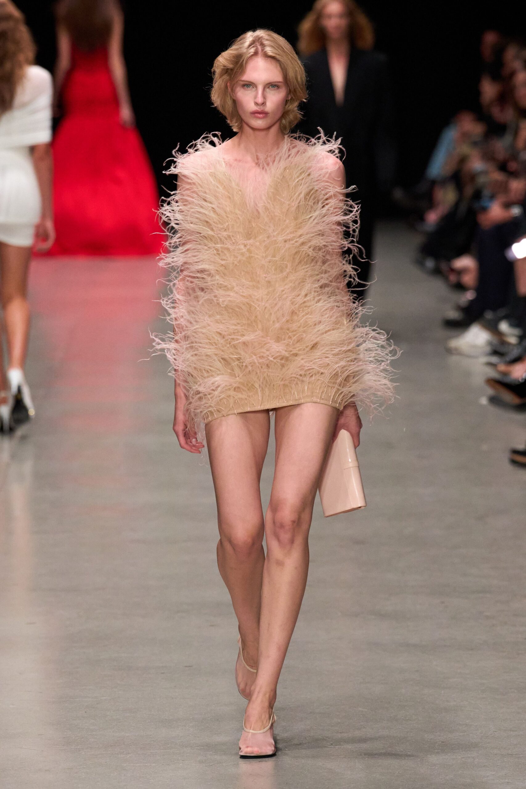 beige feather sleeveless fitted ruffled mini dress