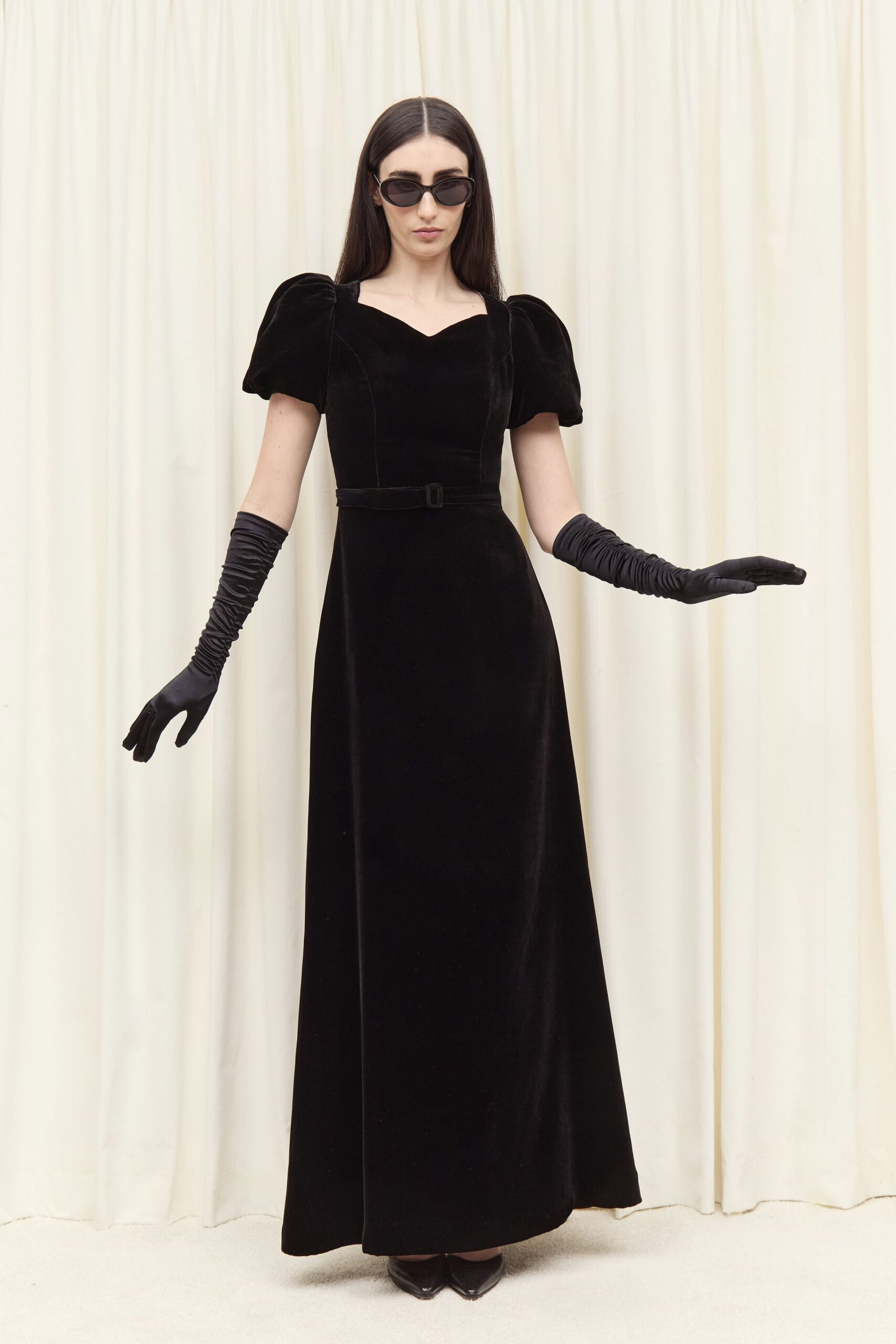 black velvet gown with gloves