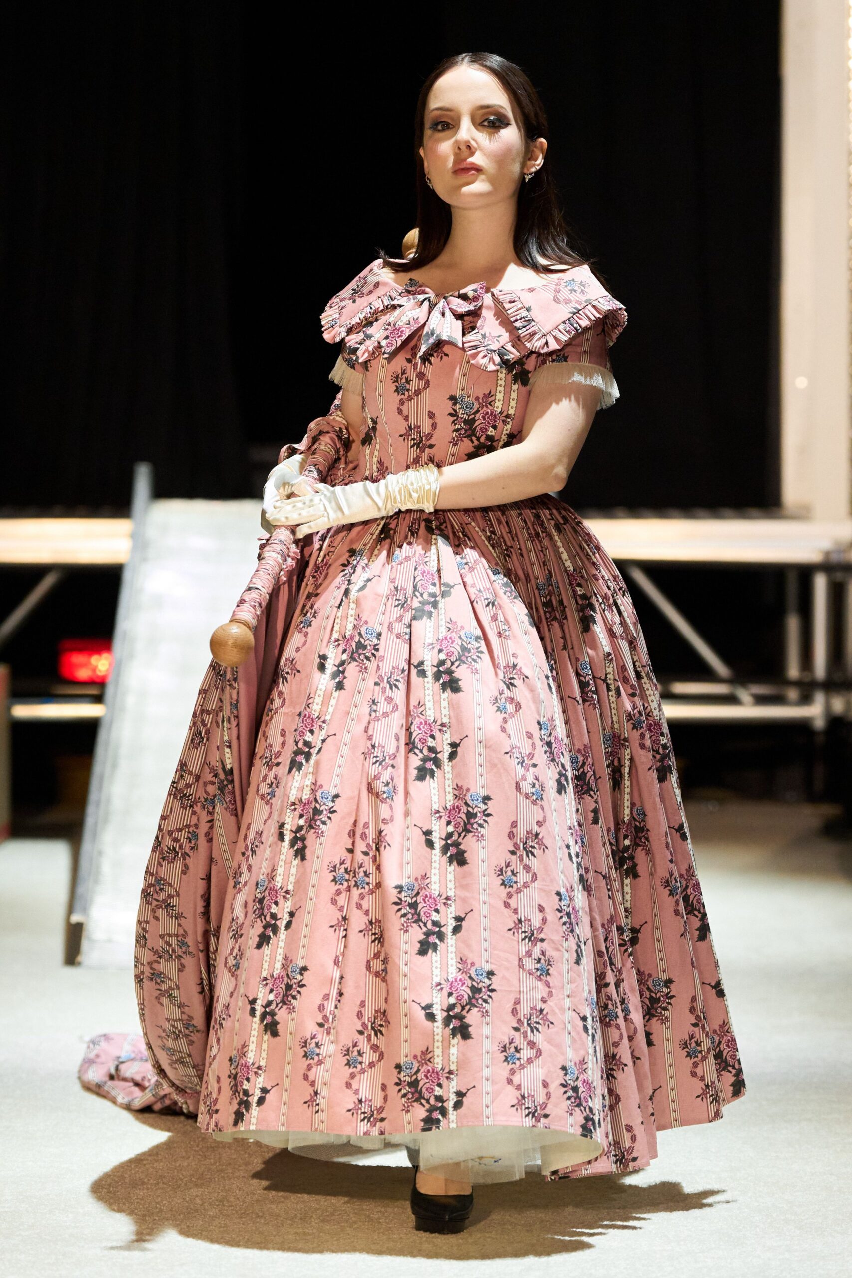 pink floral gown with gloves