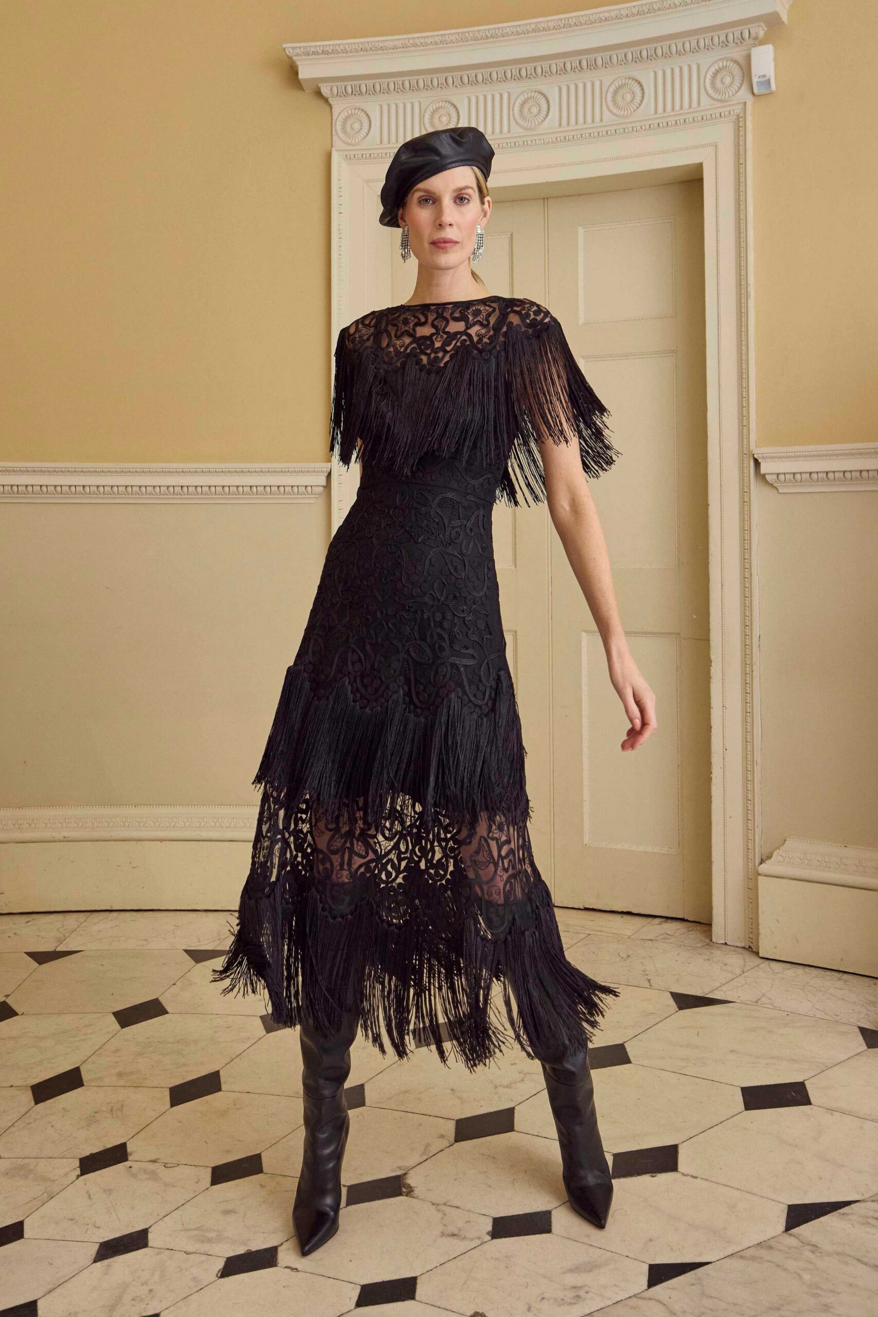 black lace midi dress with fringes