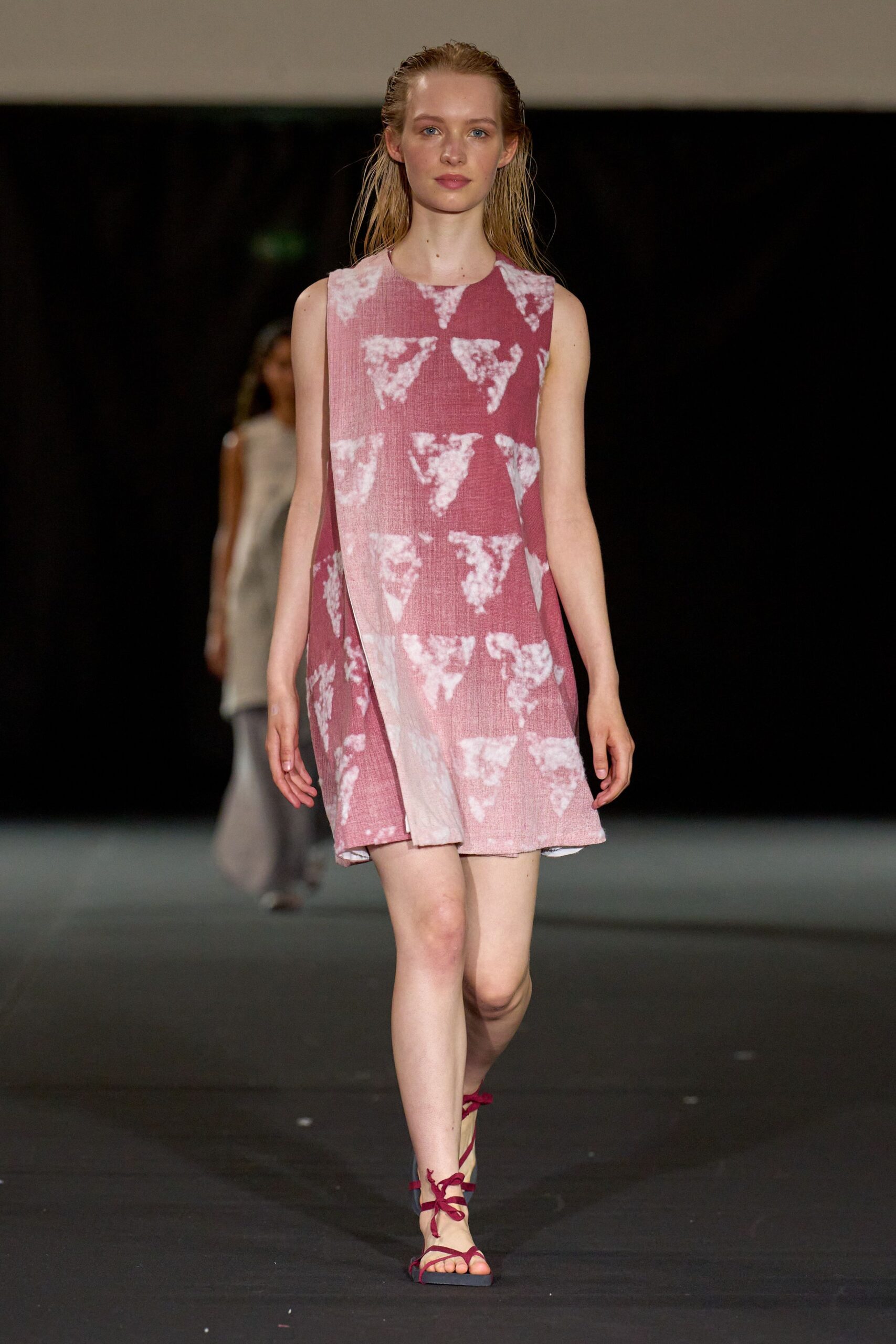 pink cotton sleeveless high-neck relaxed printed a-line dress