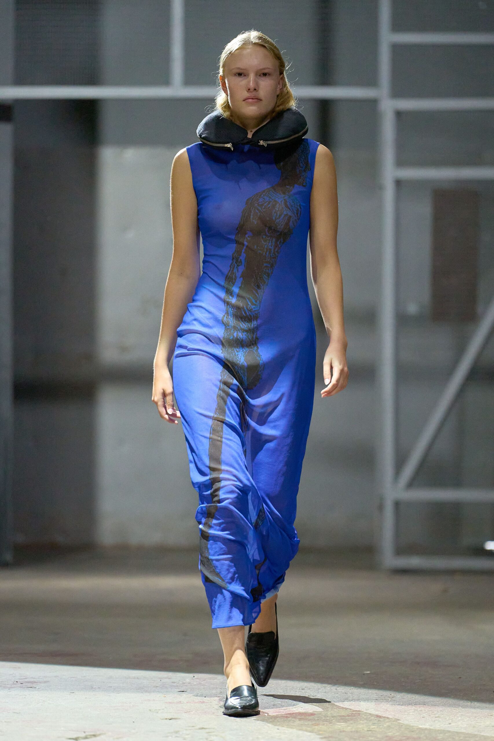 blue silk sleeveless high-neck fitted draped flowing gown