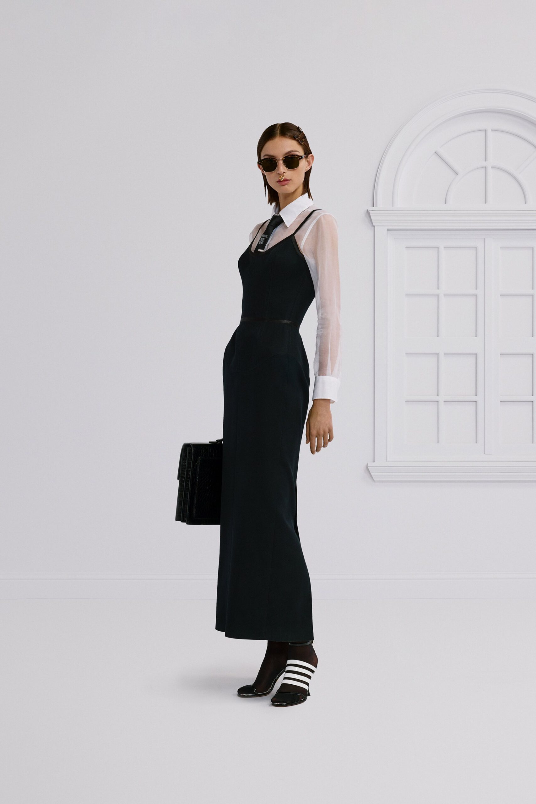 black maxi dress with white shirt