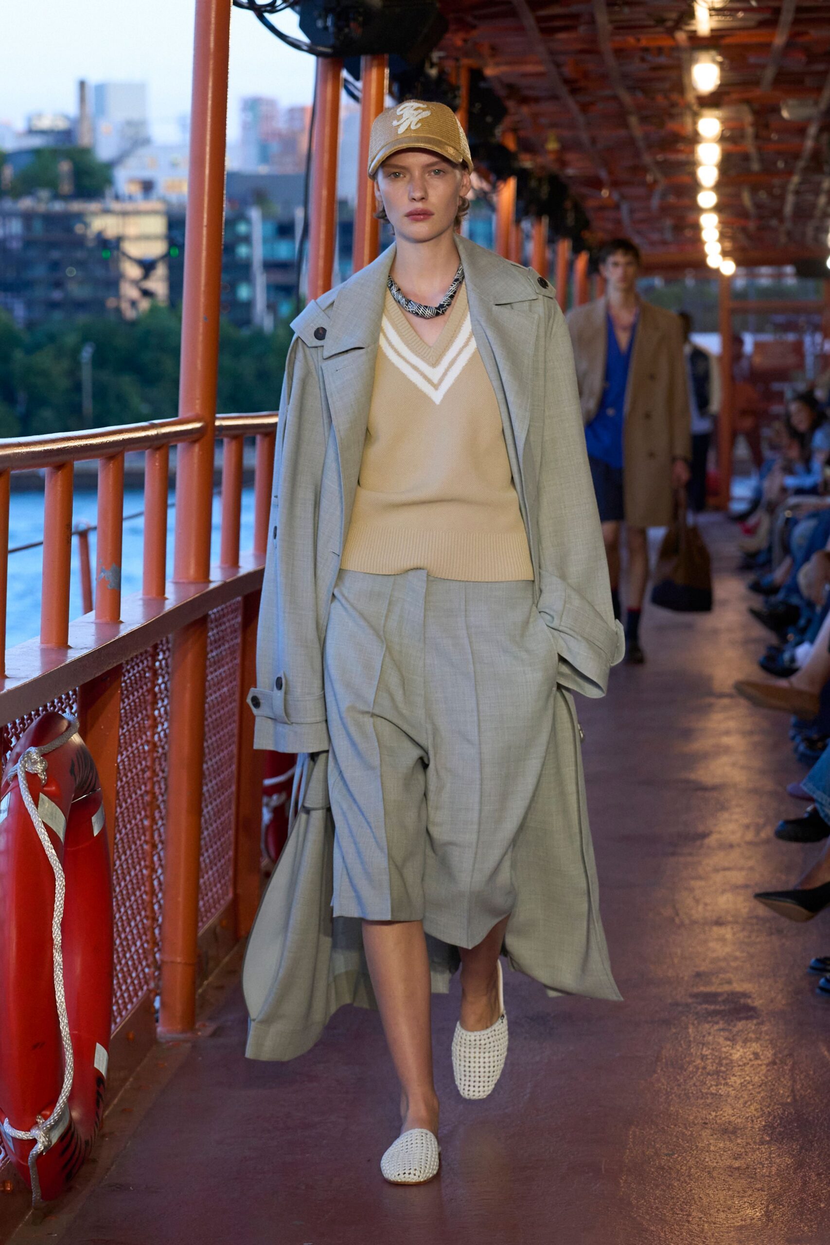 beige cotton v-neck long-sleeve fitted sweater