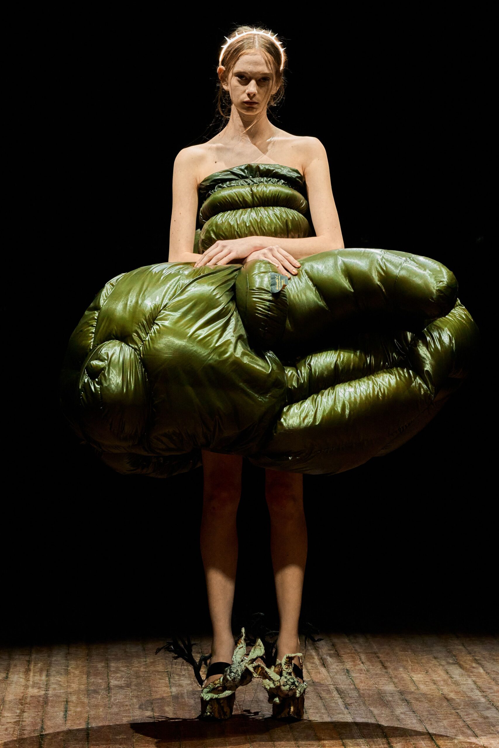green padded strapless dress with embellished shoes
