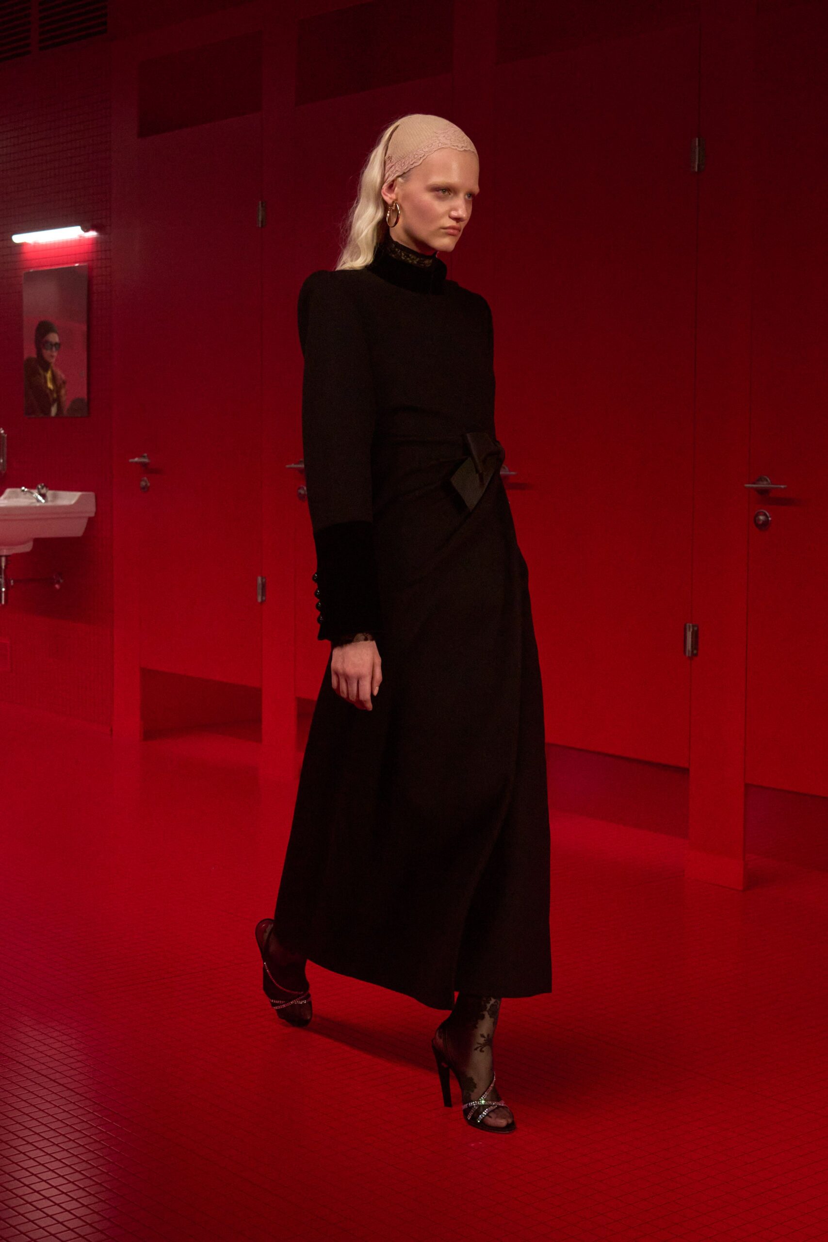 black wool long-sleeve high-neck fitted belted maxi gown