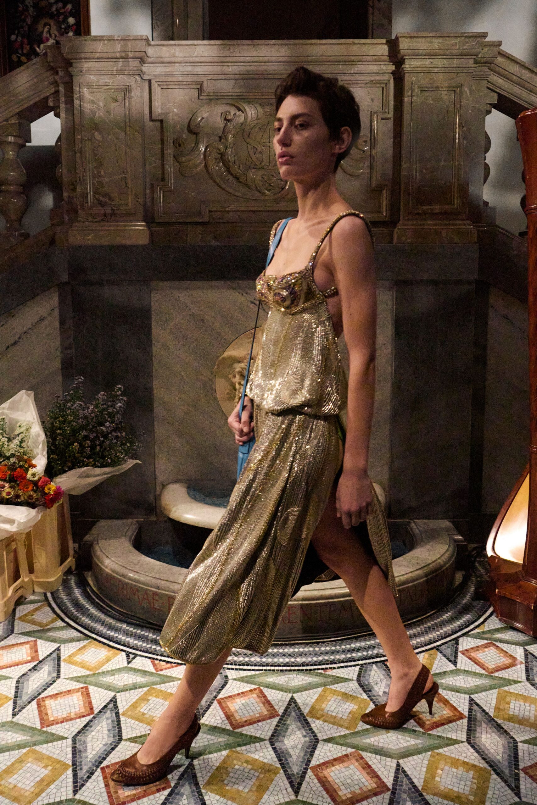gold silk sleeveless v-neck fitted draped shiny dress