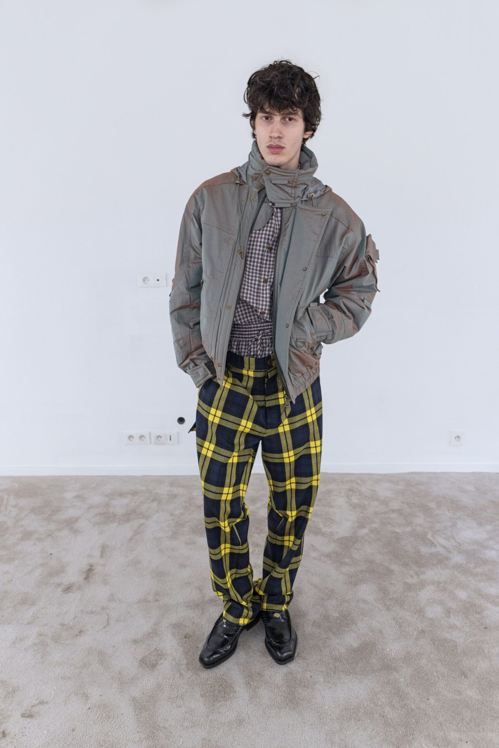 gray jacket with checked pants