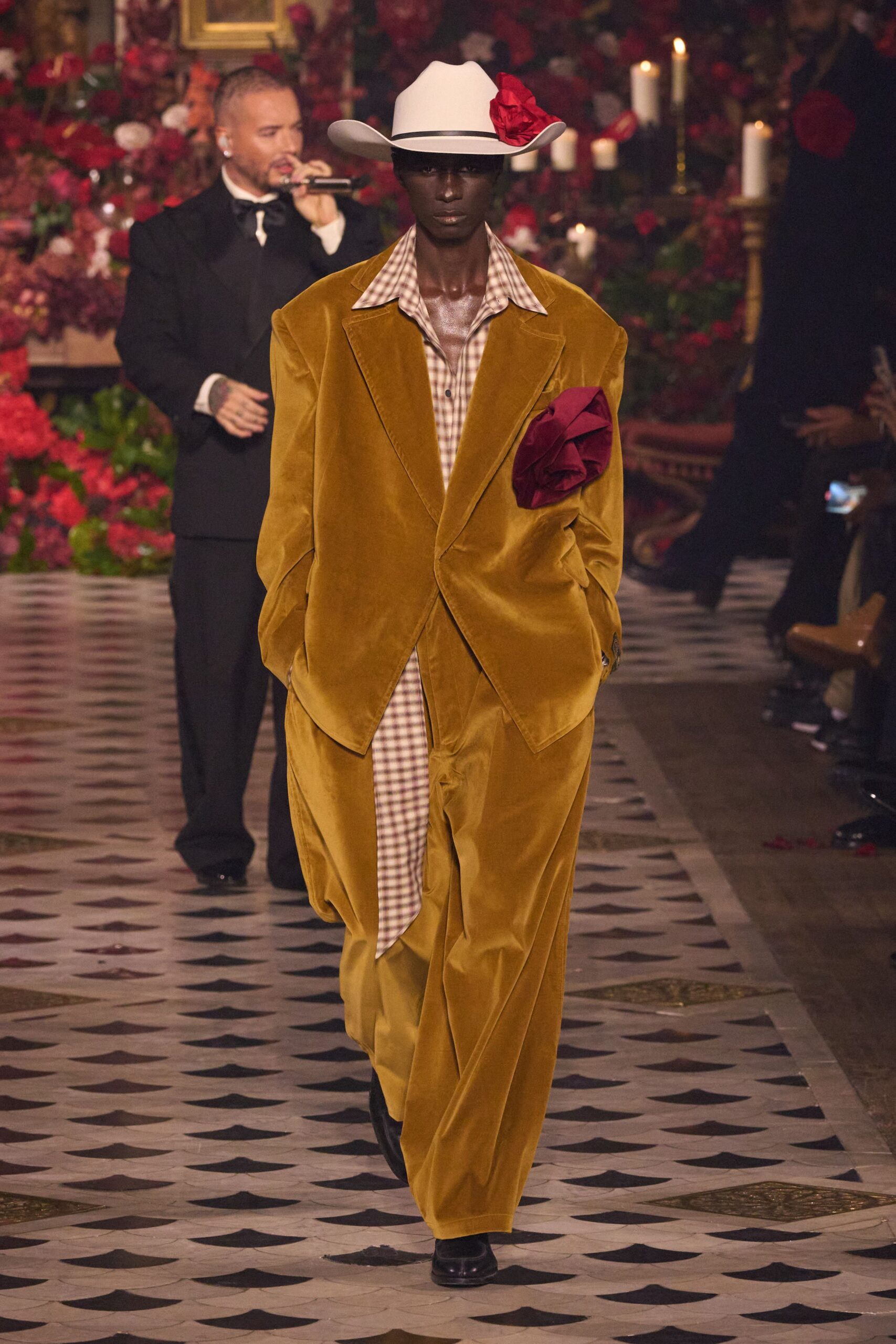 gold velvet long-sleeve collared relaxed buttoned suit