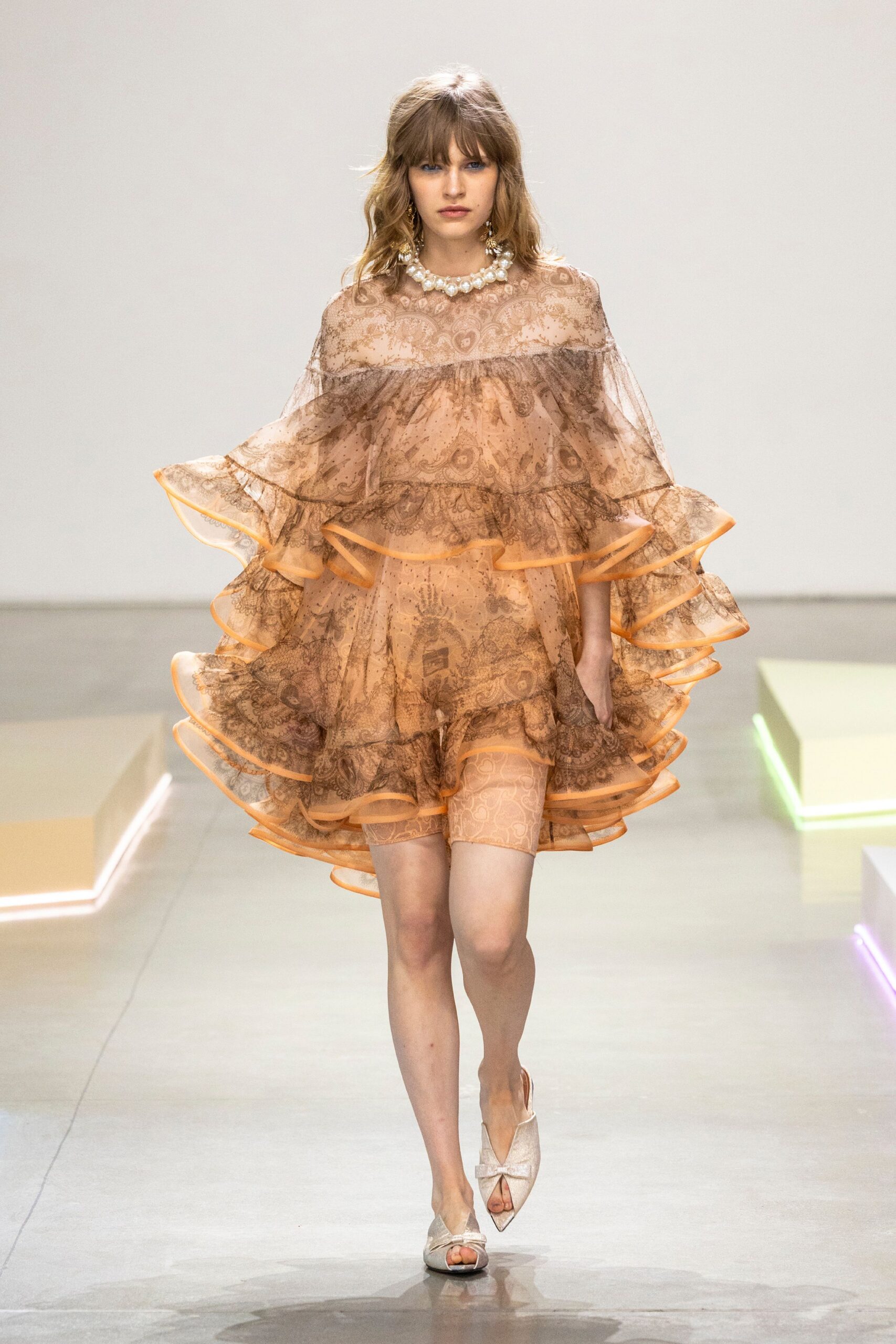 orange chiffon sleeveless high-neck relaxed tiered ruffled dress