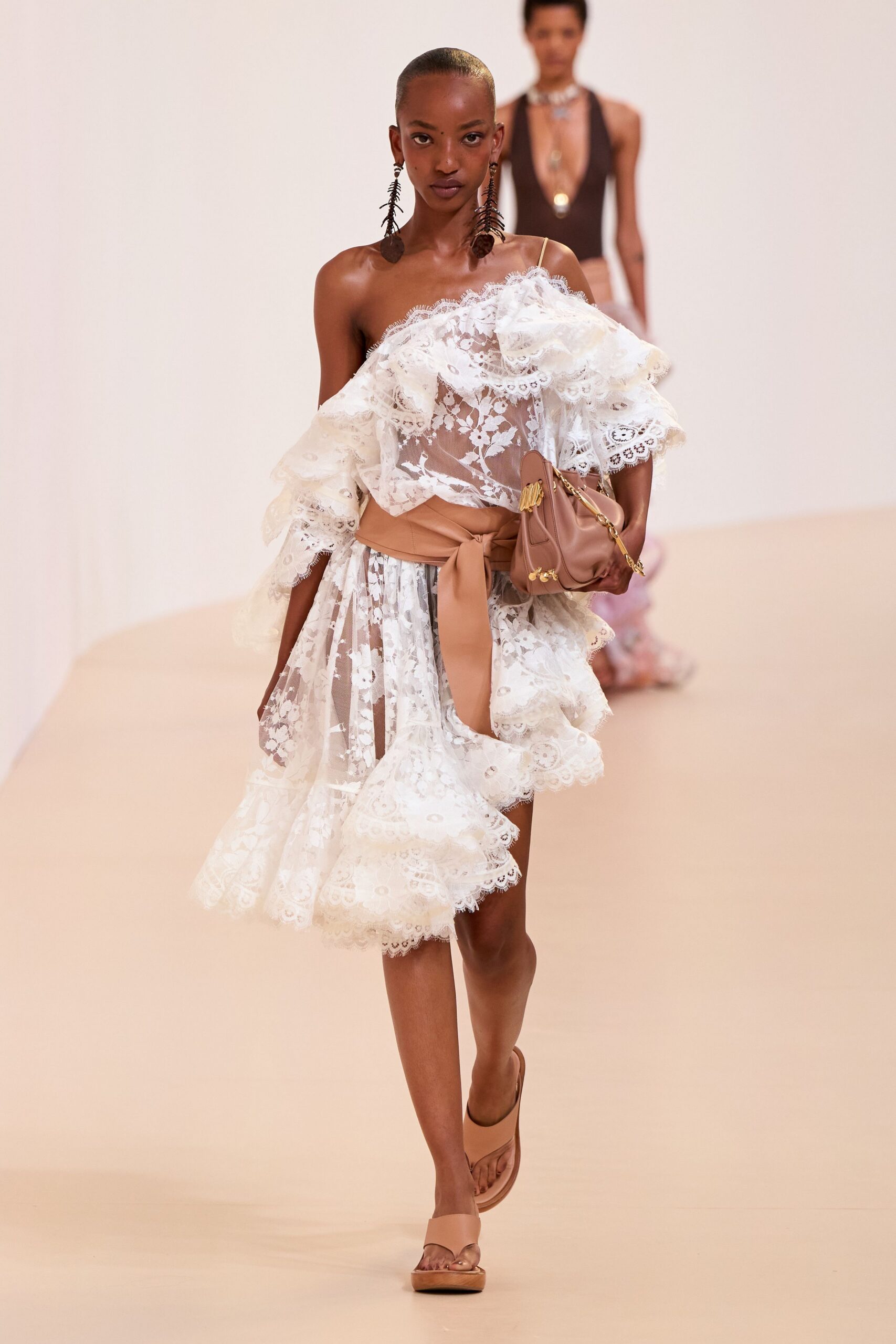 white lace sleeveless off-shoulder fitted ruffled layered dress