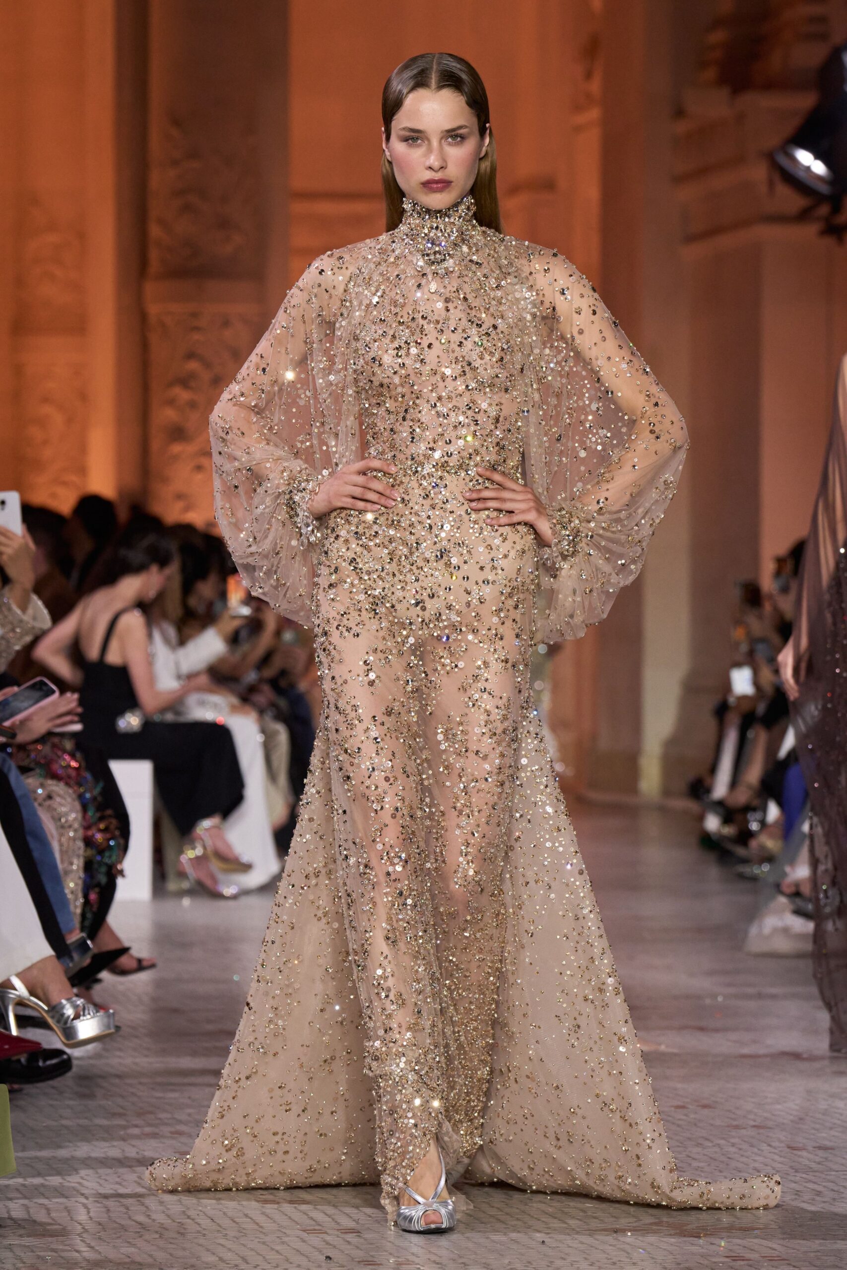 beige silk long-sleeve high-neck fitted embellished shiny gown